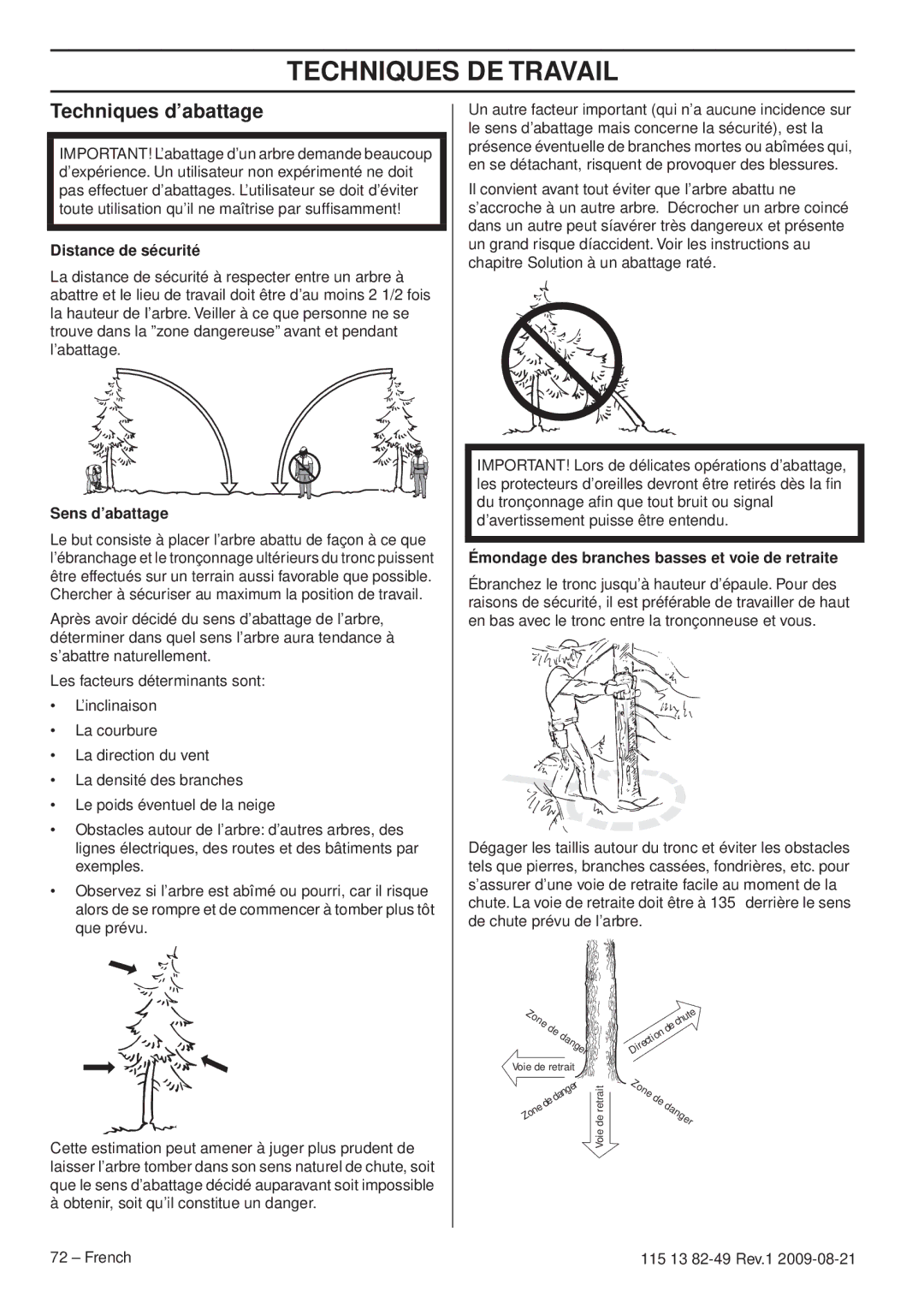 Husqvarna 115 13 82-49 manuel dutilisation Techniques d’abattage, Distance de sécurité, Sens d’abattage 