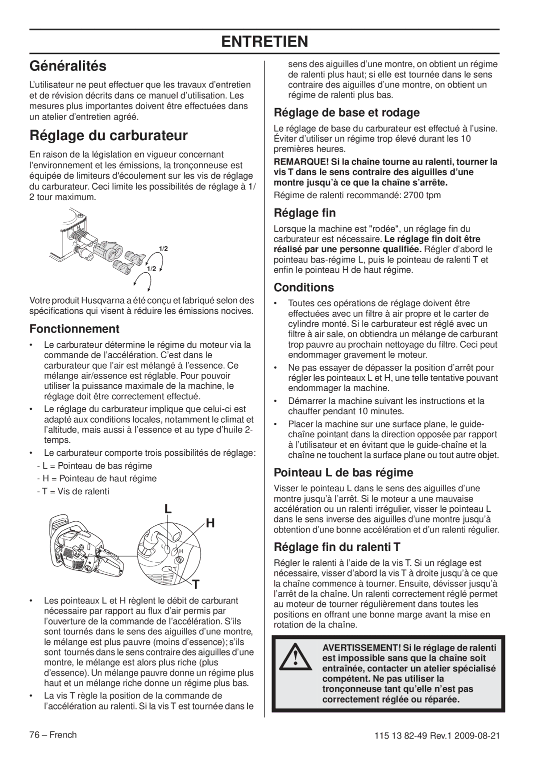 Husqvarna 115 13 82-49 manuel dutilisation Entretien, Généralités, Réglage du carburateur 