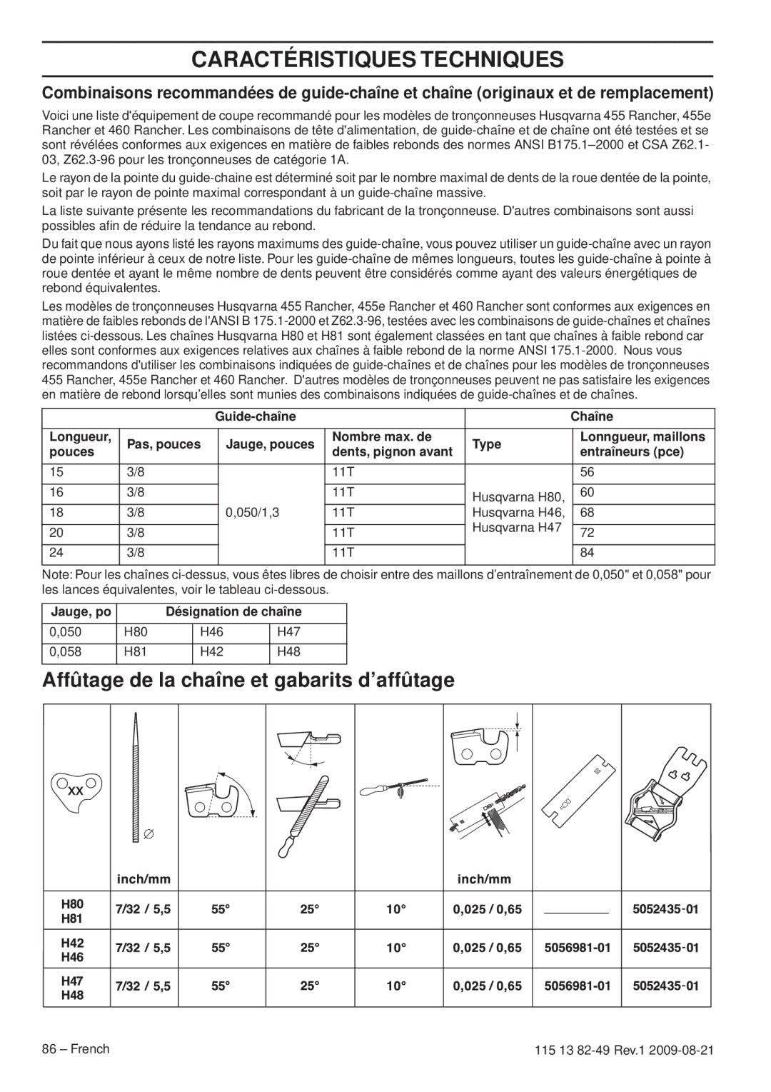 Husqvarna 115 13 82-49 manuel dutilisation Affûtage de la chaîne et gabarits d’affûtage, Jauge, po Désignation de chaîne 