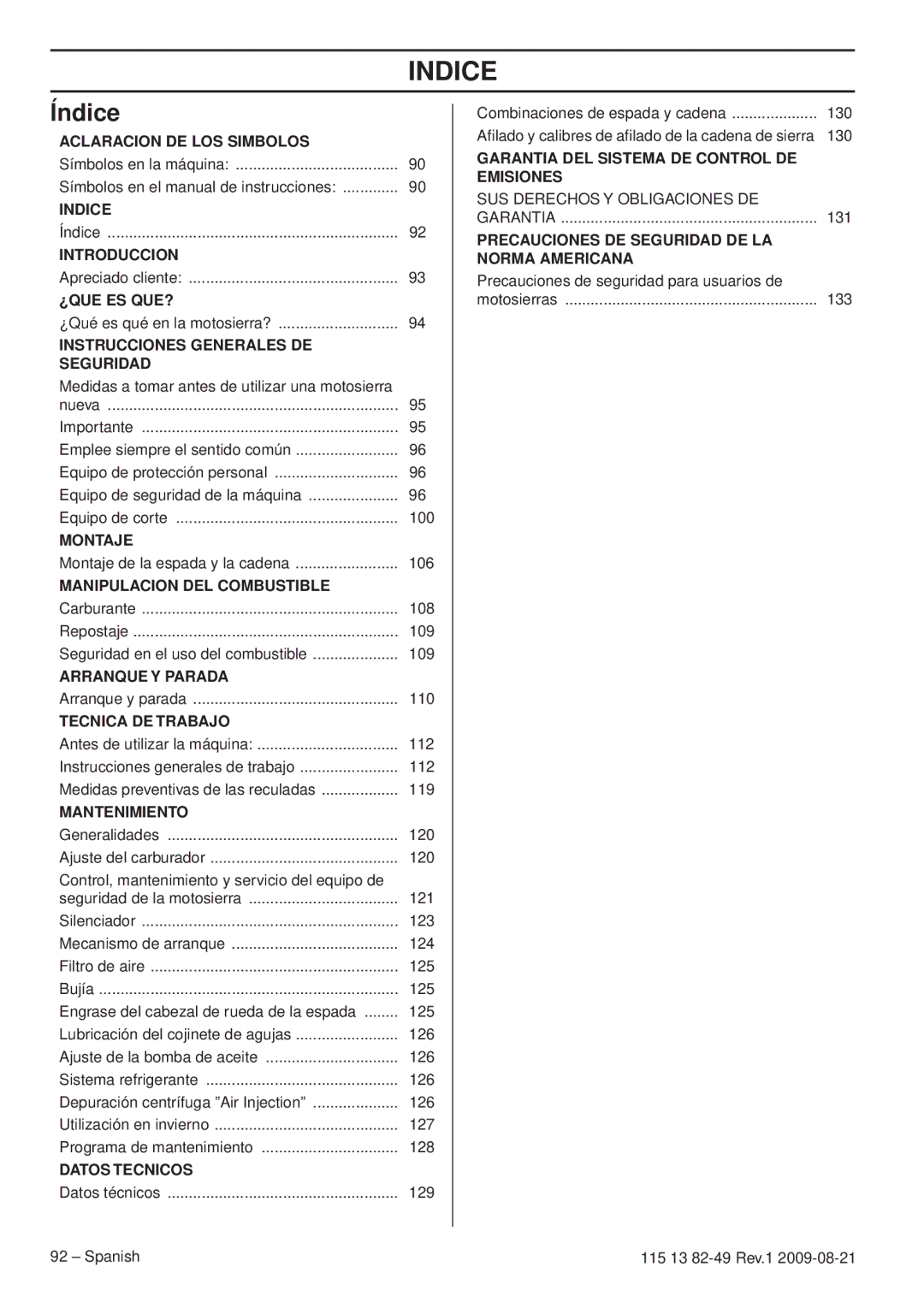 Husqvarna 115 13 82-49 manuel dutilisation Indice, Índice 