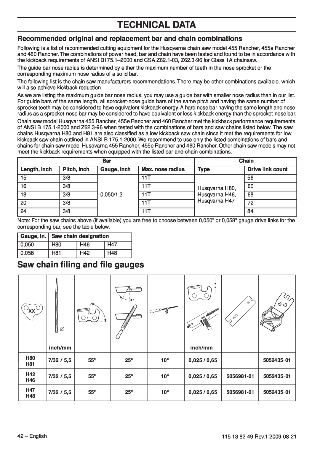 Husqvarna 115 13 82-49 Saw chain ﬁling and ﬁle gauges, Recommended original and replacement bar and chain combinations 
