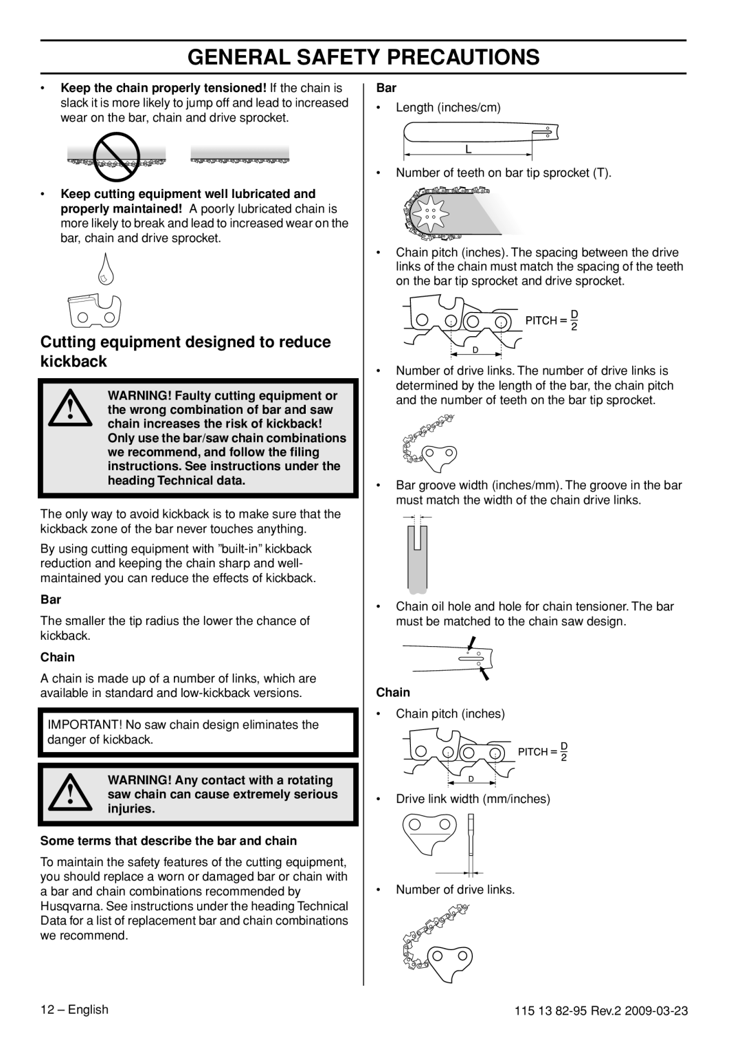 Husqvarna 115 13 82-95 manual Cutting equipment designed to reduce kickback, Bar, Chain 