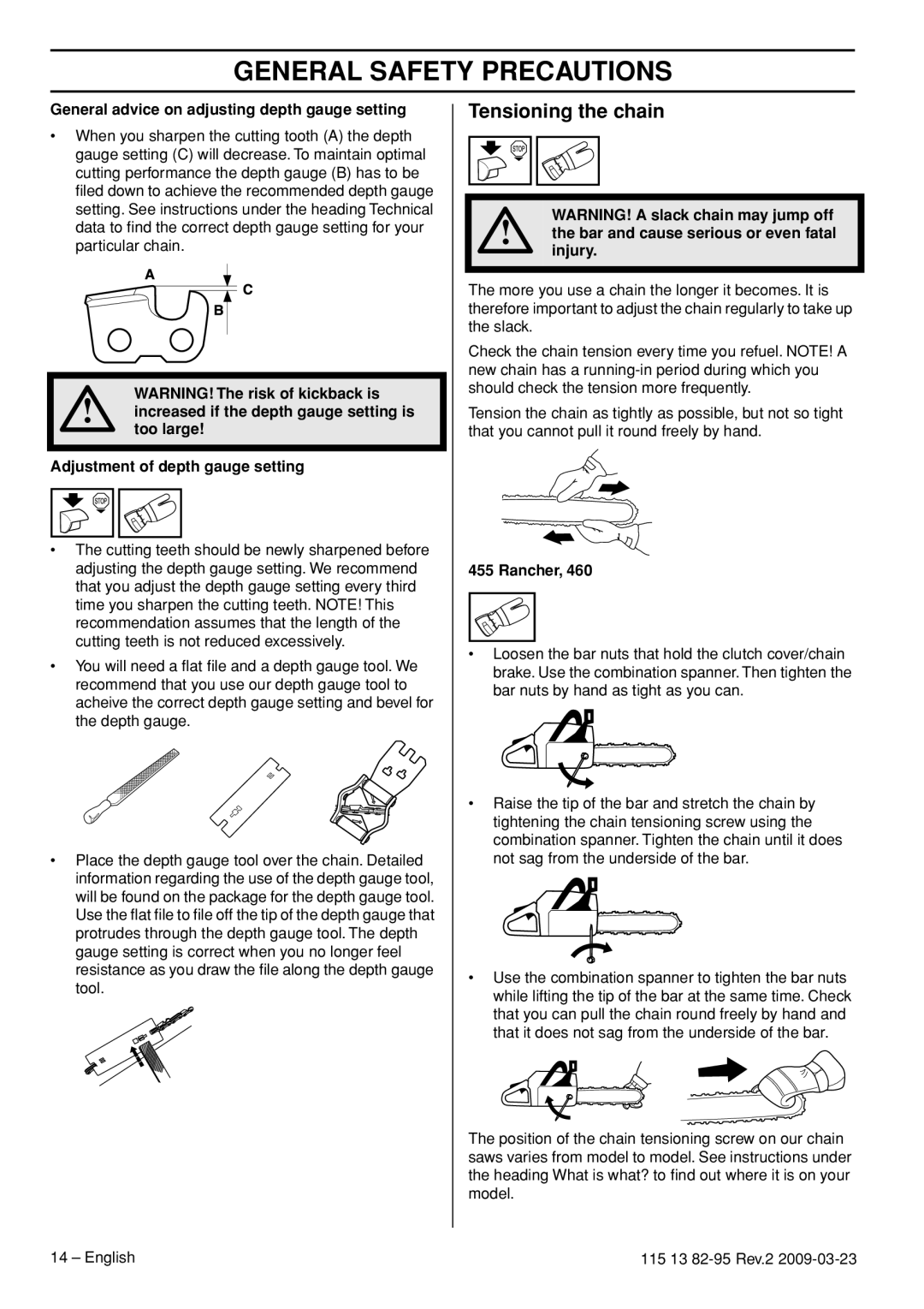 Husqvarna 115 13 82-95 manual Tensioning the chain 