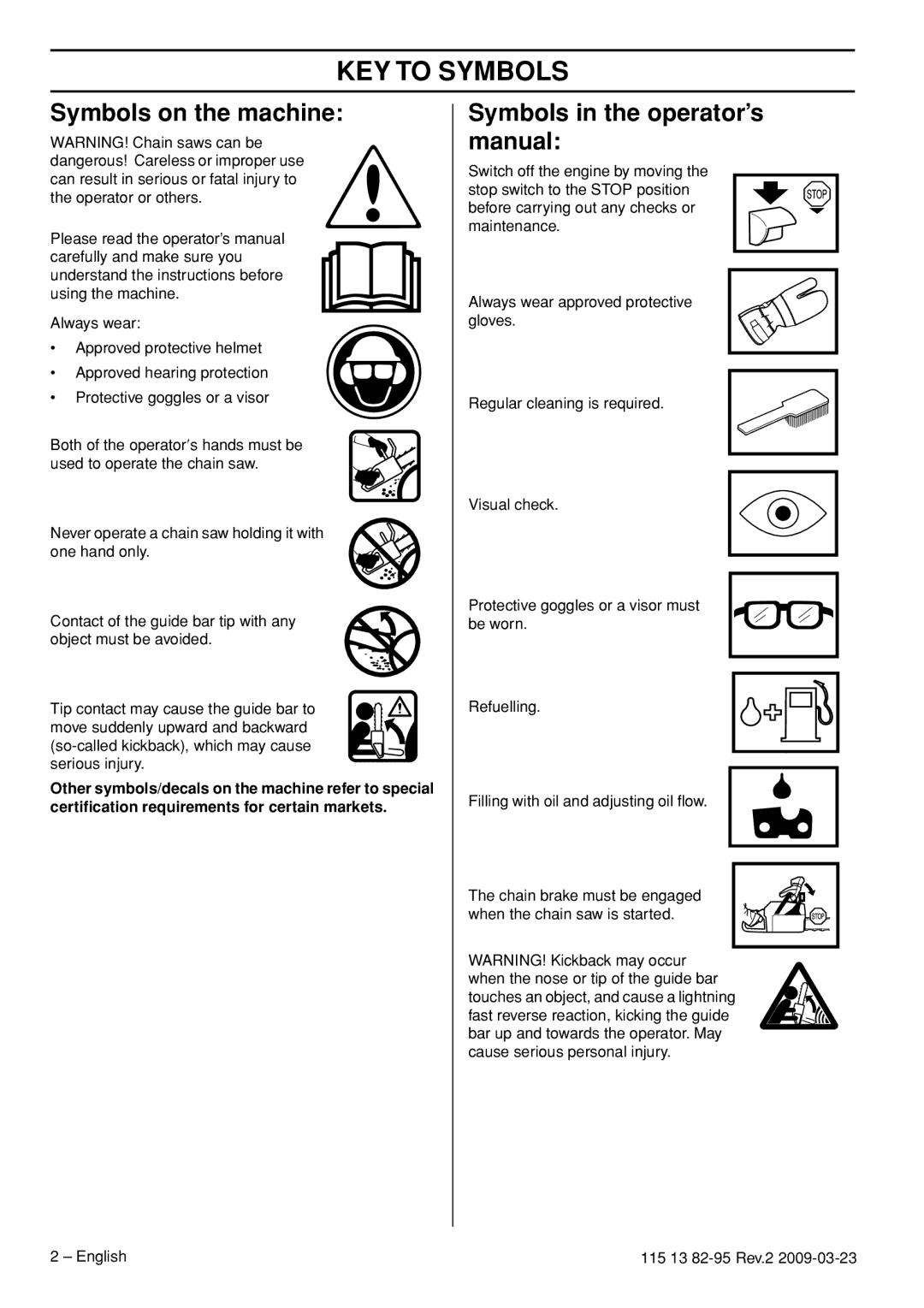 Husqvarna 115 13 82-95 KEY to Symbols, Symbols on the machine, Symbols in the operator’s manual 