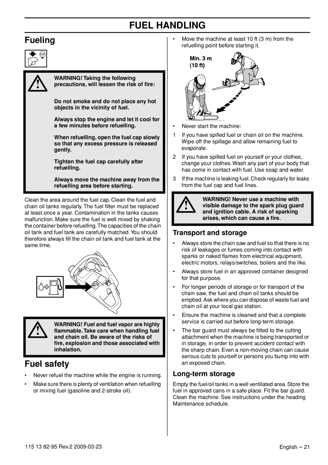 Husqvarna 115 13 82-95 manual Fueling, Fuel safety, Transport and storage, Long-term storage 