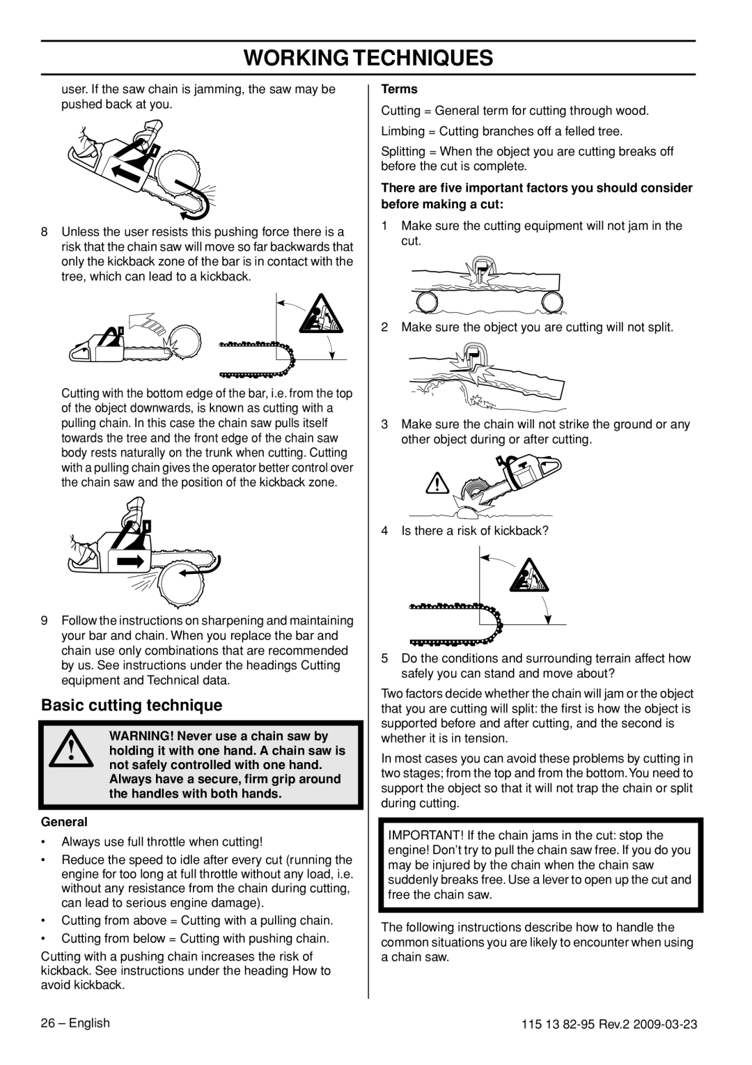 Husqvarna 115 13 82-95 manual Basic cutting technique, Terms 