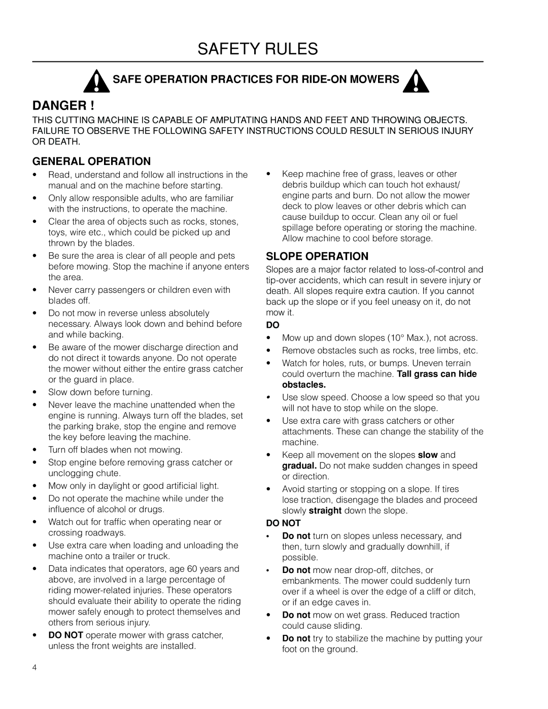 Husqvarna 115 145727 manual Safety Rules, Safe Operation Practices for RIDE-ON Mowers, General Operation, Slope Operation 