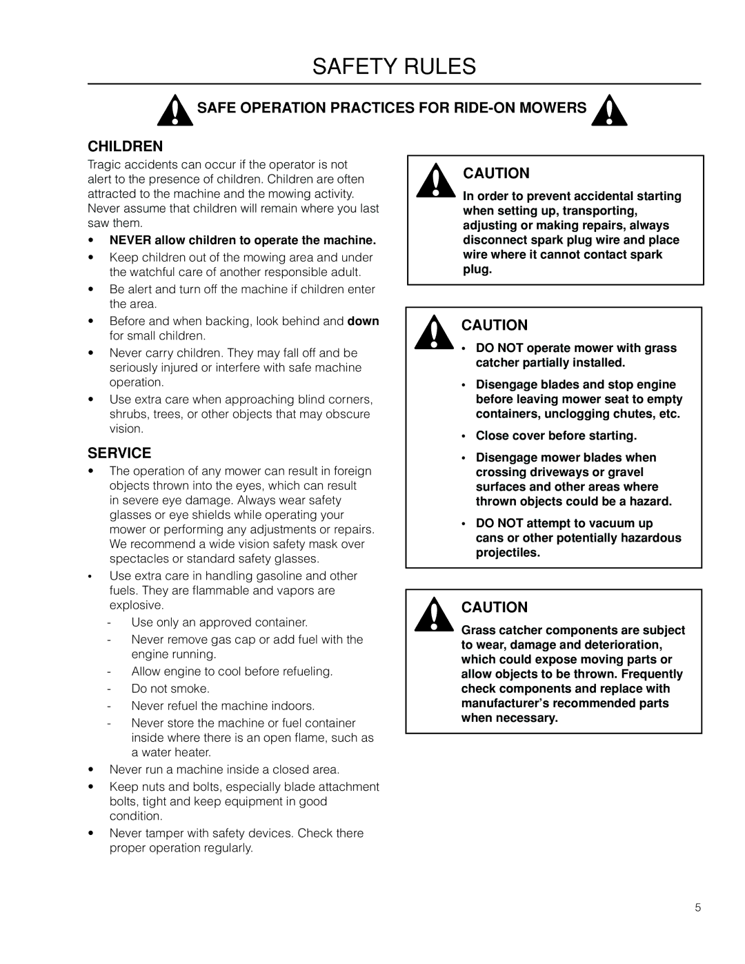 Husqvarna 966004001, 115 145727, 525 88 56-01 manual Safe Operation Practices for RIDE-ON Mowers Children, Service 