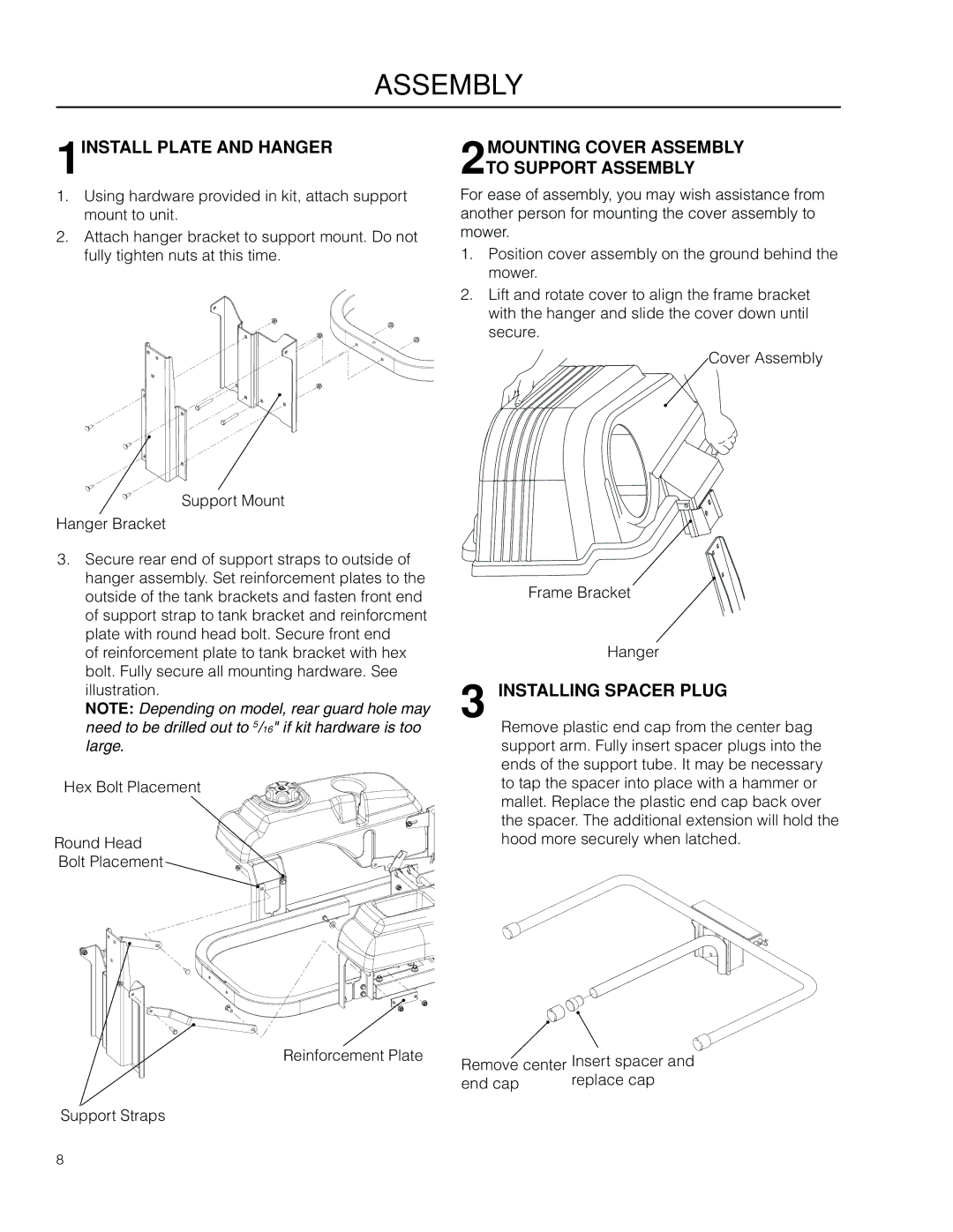 Husqvarna 966004001, 115 145727, 525 88 56-01 manual Assembly, 1INSTALL Plate and Hanger, Installing Spacer Plug 