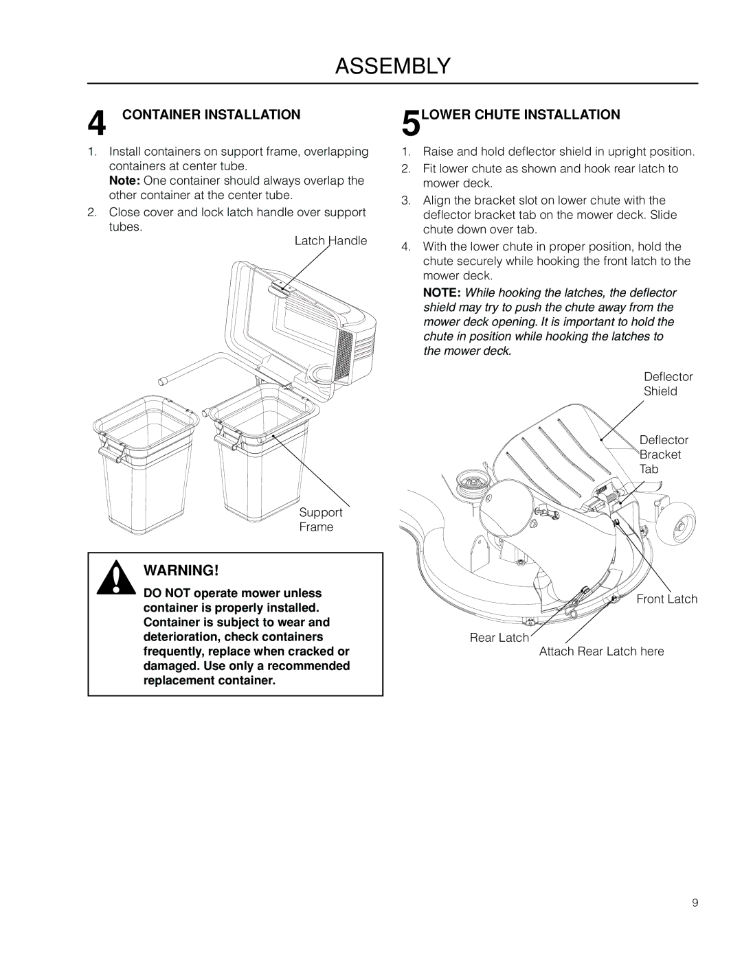 Husqvarna 525 88 56-01, 115 145727, 966004001 manual Container Installation, 5LOWER Chute Installation 