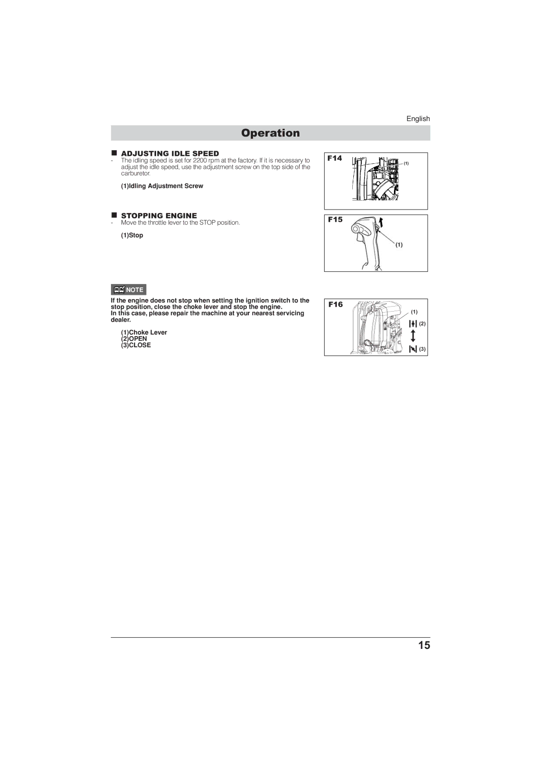 Husqvarna 115 24 05-95 manual Adjusting Idle Speed, Stopping Engine, 1Idling Adjustment Screw 