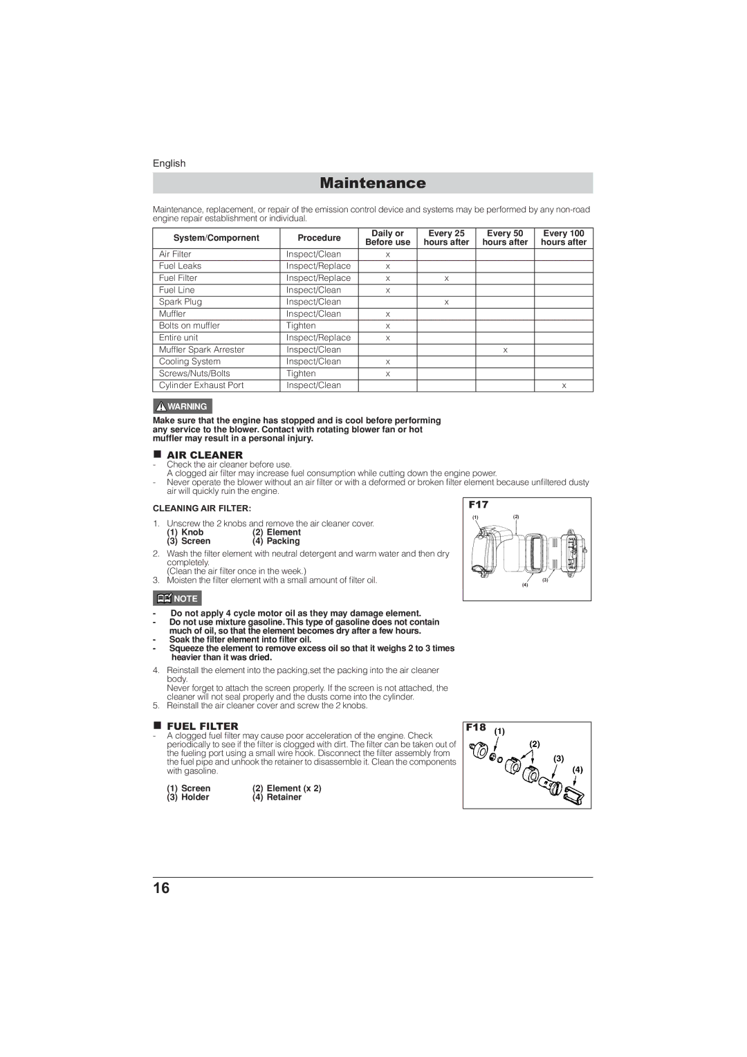 Husqvarna 115 24 05-95 manual Maintenance, AIR Cleaner, Fuel Filter 