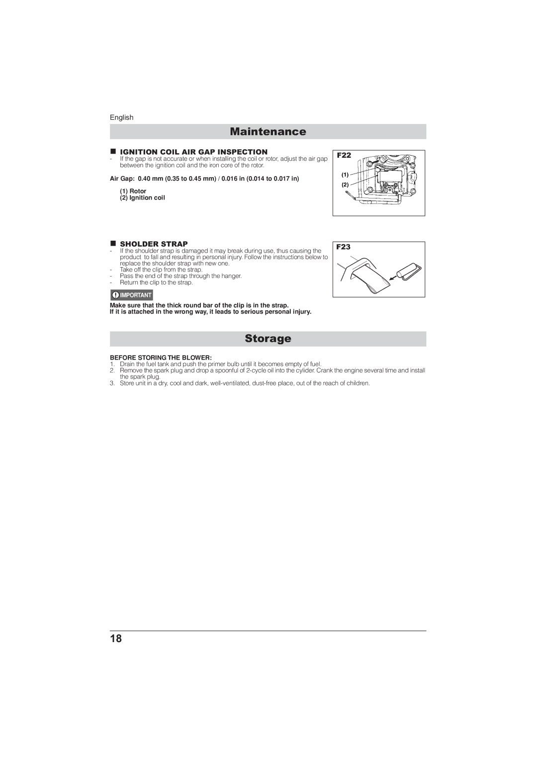 Husqvarna 115 24 05-95 manual Storage, Ignition Coil AIR GAP Inspection, Sholder Strap, Before Storing the Blower 