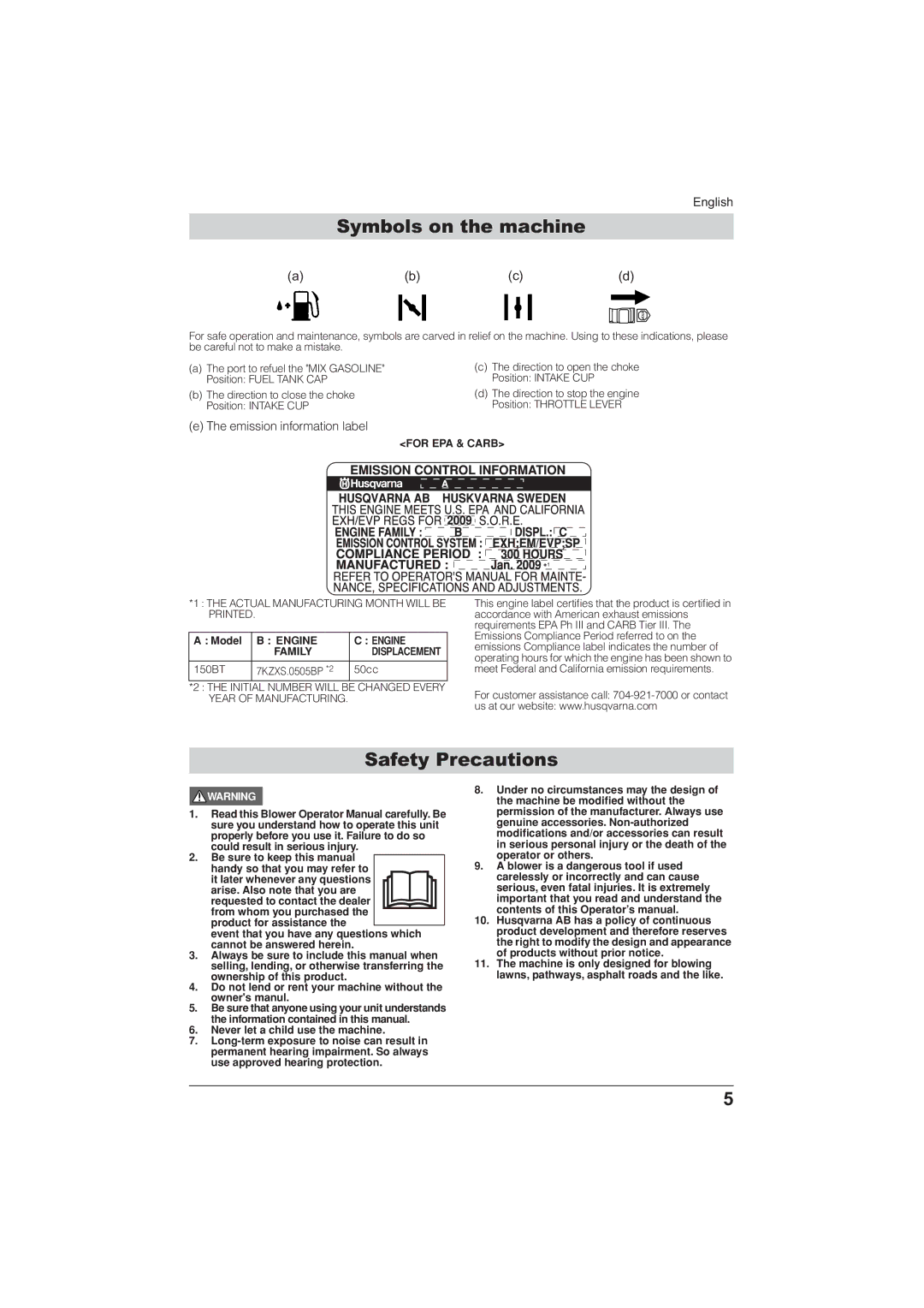 Husqvarna 115 24 05-95 manual Symbols on the machine, Safety Precautions, For EPA & Carb, Engine Family 