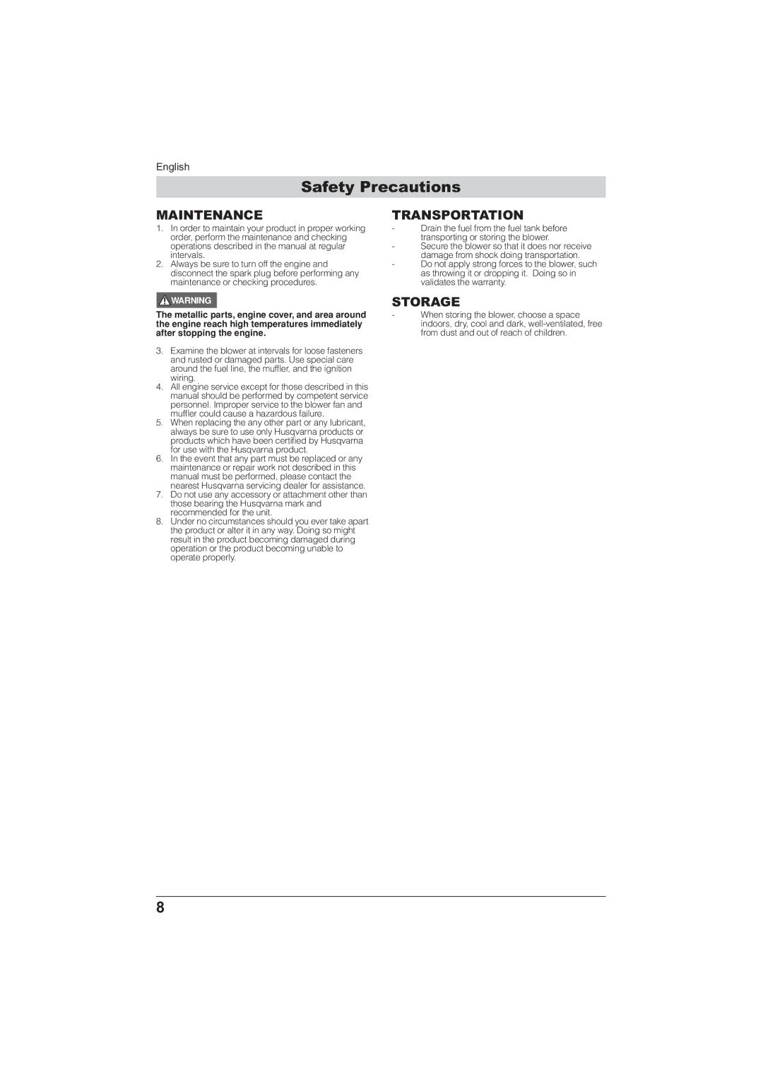 Husqvarna 115 24 05-95 manual Maintenance, Transportation, Storage 