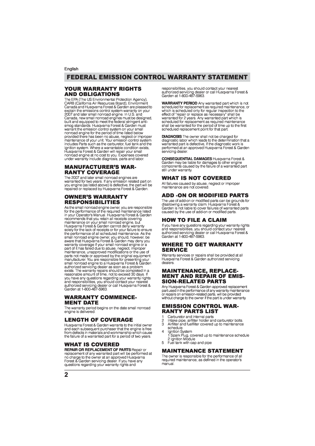 Husqvarna 115 24 05-95 manual Federal Emission Control Warranty Statement 