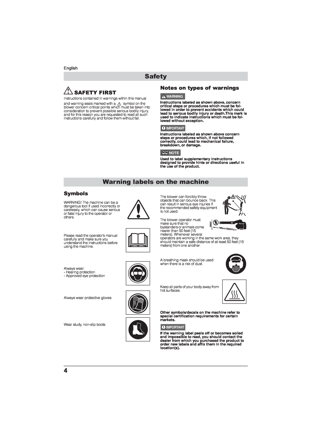Husqvarna 115 24 05-95 Safety, Warning labels on the machine, Notes on types of warnings SAFETY FIRST, Symbols, English 