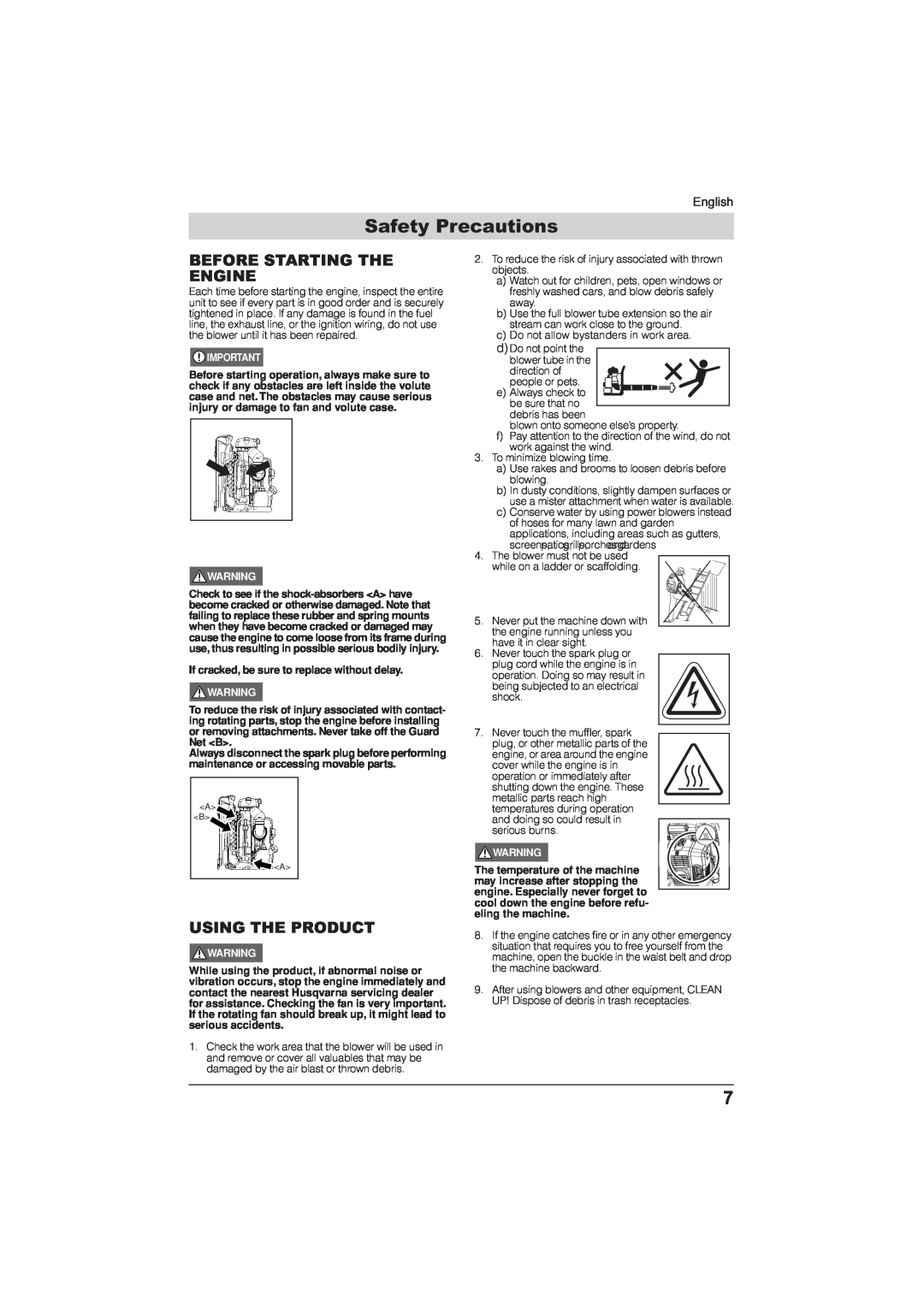 Husqvarna 115 24 05-95 manual Safety Precautions, Before Starting The Engine, Using The Product, English 