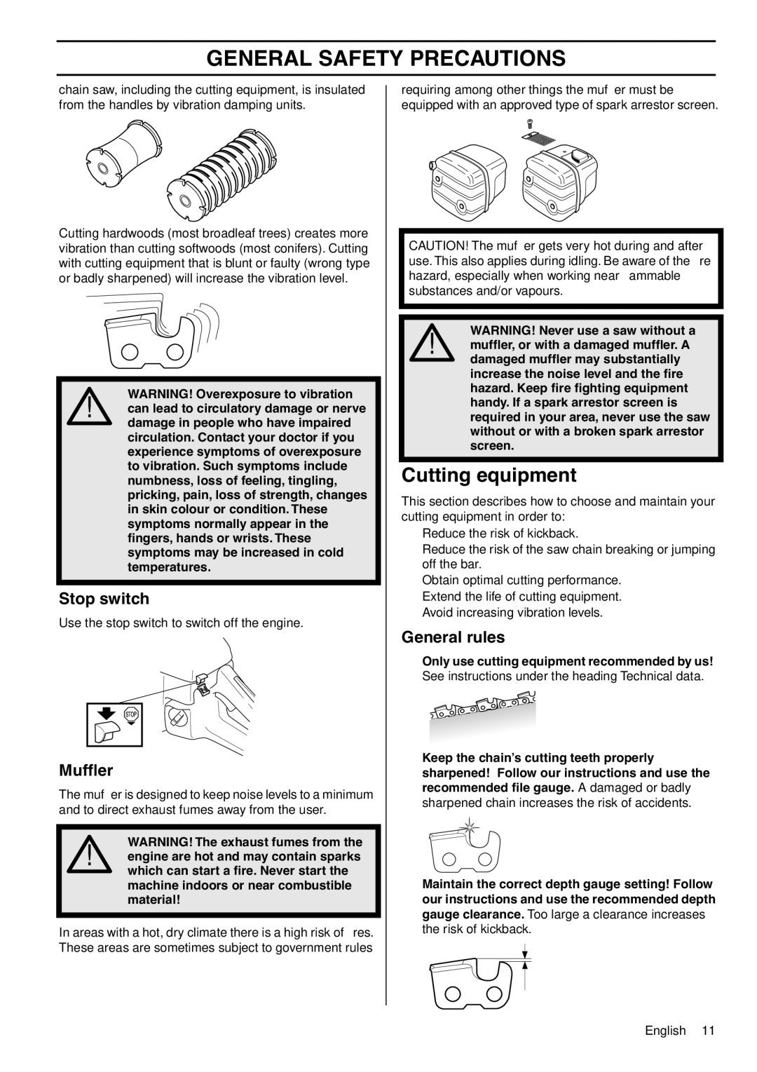 Husqvarna 1150901-95 manual Cutting equipment, Stop switch, Mufﬂer, General rules 