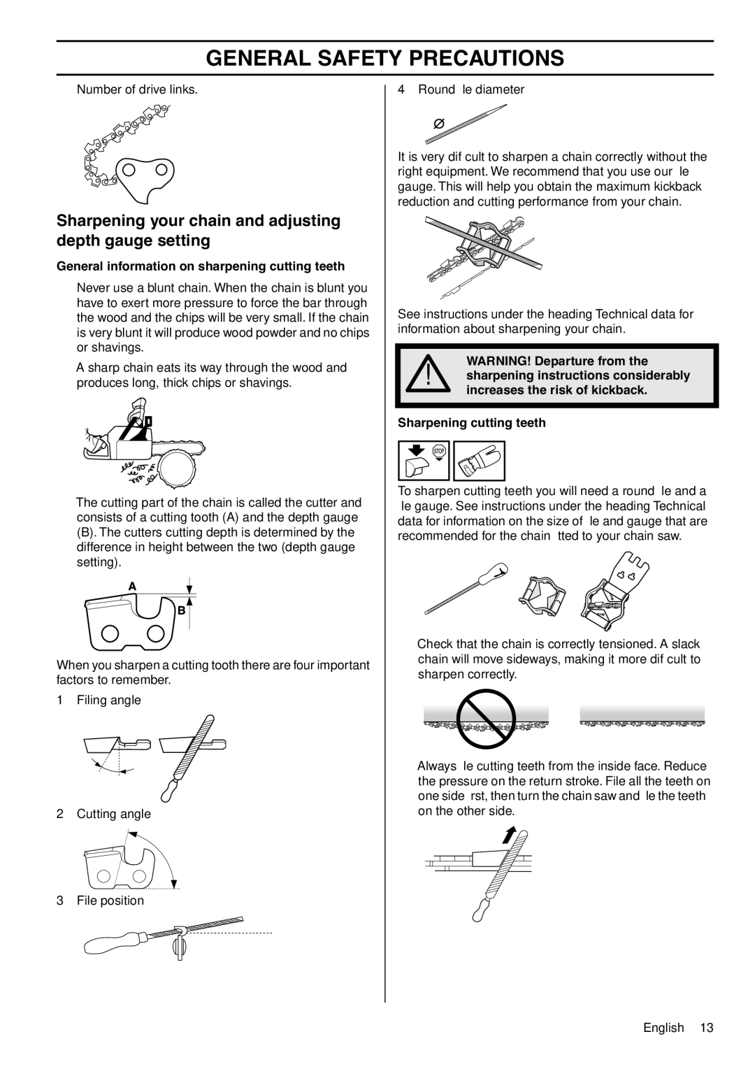 Husqvarna 1150901-95 manual Sharpening your chain and adjusting depth gauge setting 