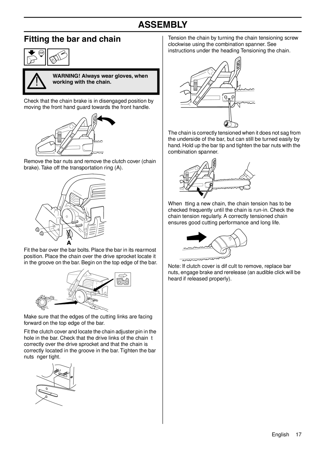 Husqvarna 1150901-95 manual Assembly, Fitting the bar and chain, Working with the chain 