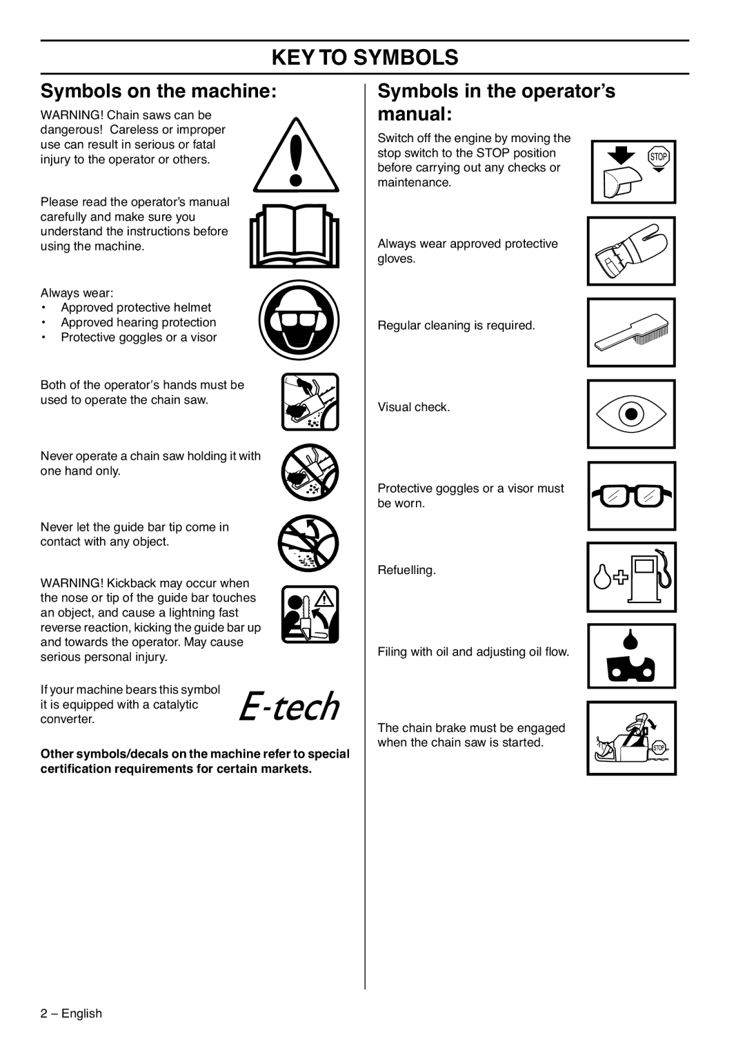 Husqvarna 1150901-95 KEY to Symbols, Symbols on the machine, Symbols in the operator’s manual 