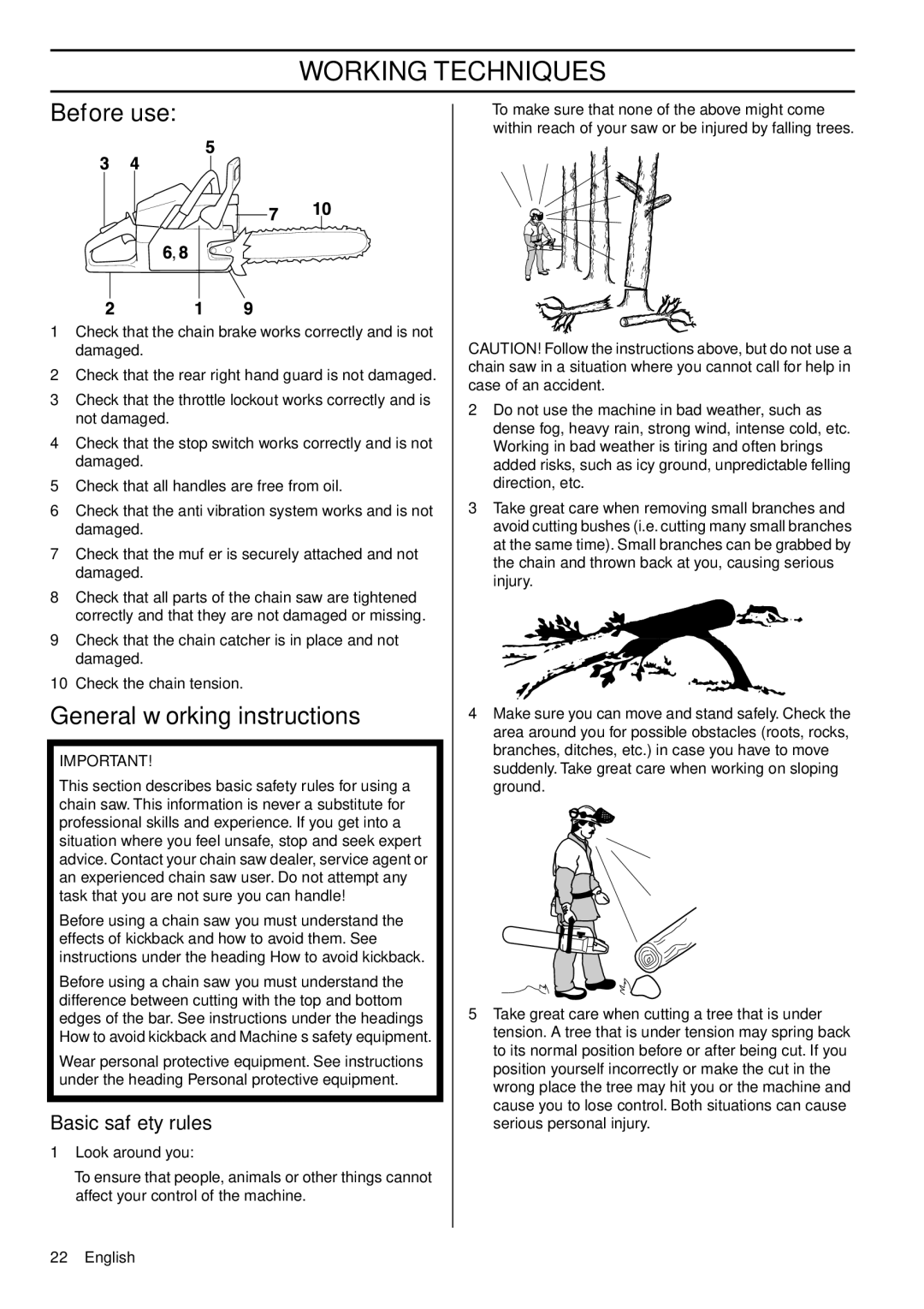 Husqvarna 1150901-95 manual Working Techniques, Before use, General working instructions, Basic safety rules 