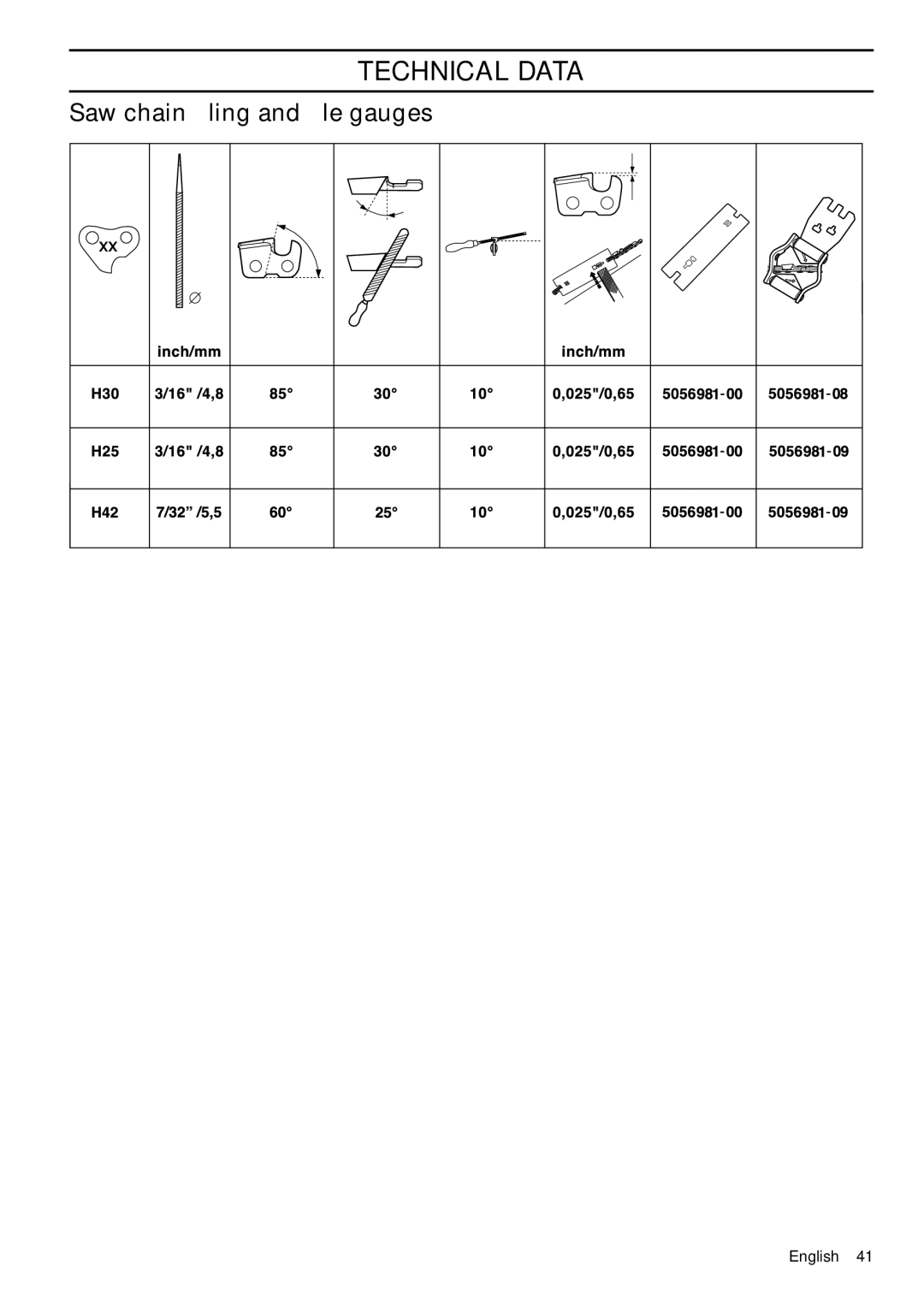 Husqvarna 1150901-95 manual Saw chain ﬁling and ﬁle gauges 