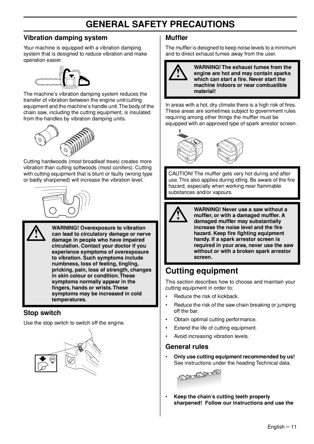 Husqvarna 1150902-95 manual Cutting equipment, Vibration damping system, Stop switch, Mufﬂer, General rules 