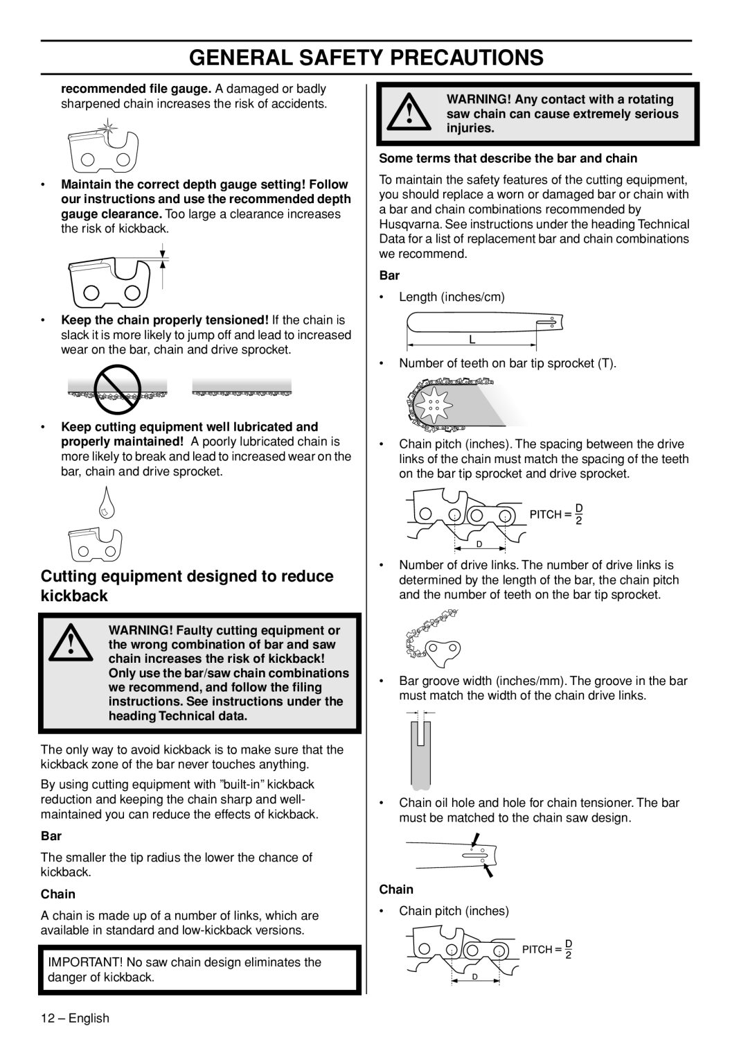 Husqvarna 1150902-95 manual Cutting equipment designed to reduce kickback, Bar, Chain 