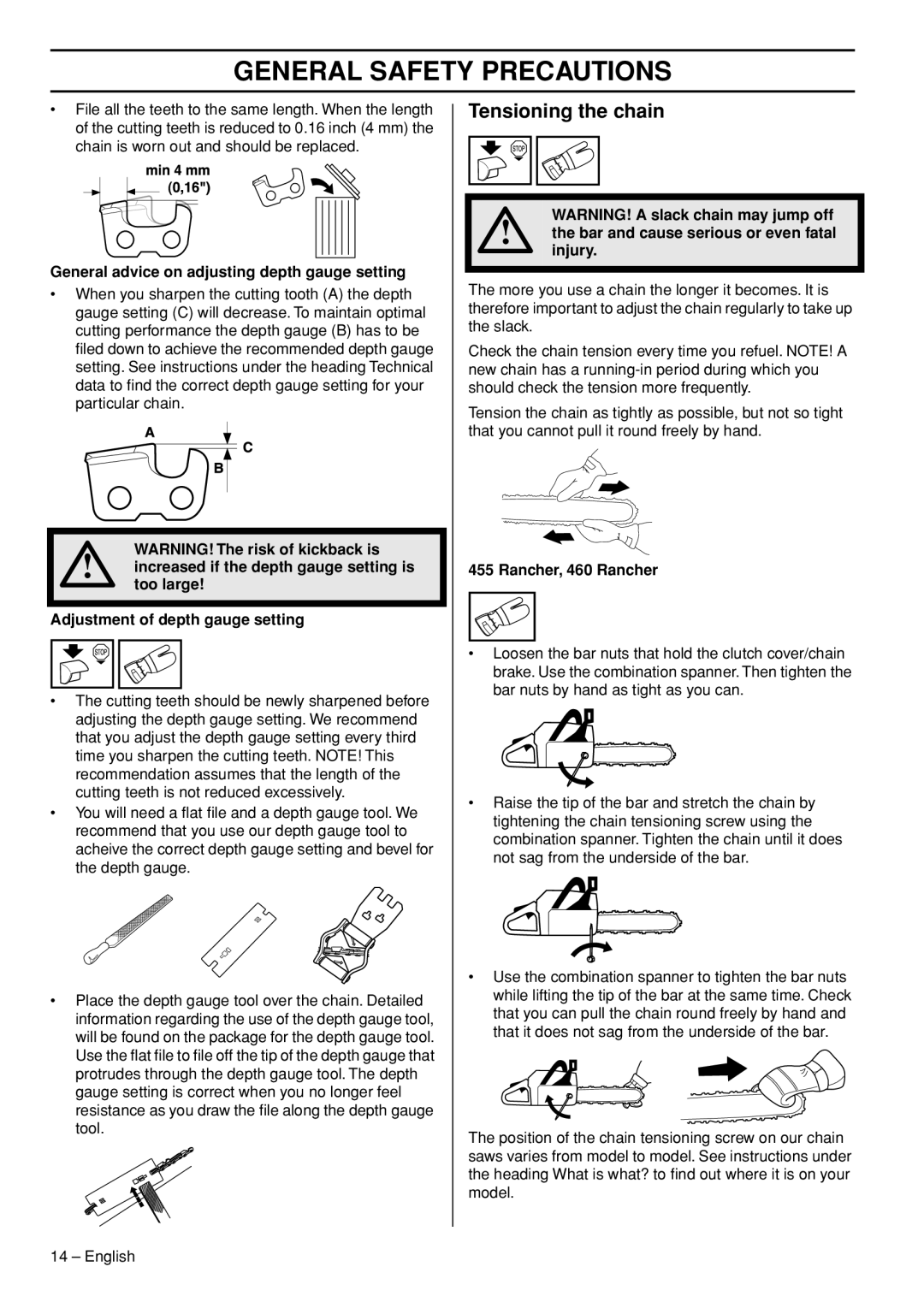 Husqvarna 1150902-95 manual Tensioning the chain 