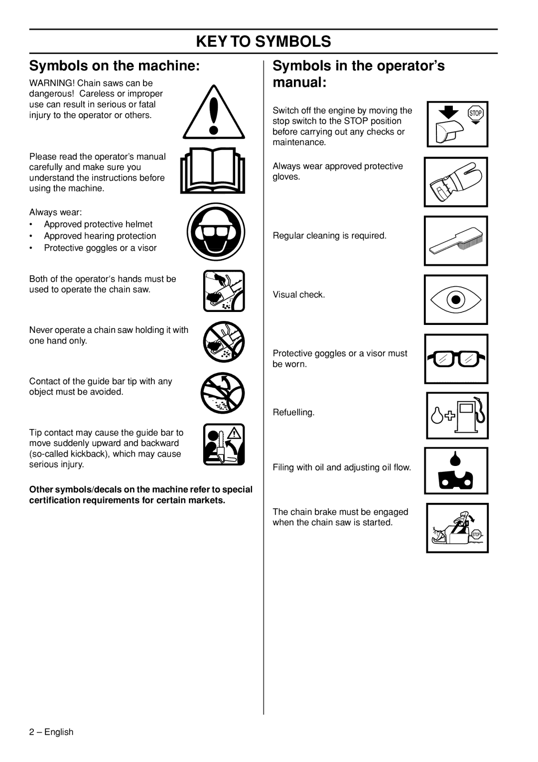 Husqvarna 1150902-95 KEY to Symbols, Symbols on the machine, Symbols in the operator’s manual 