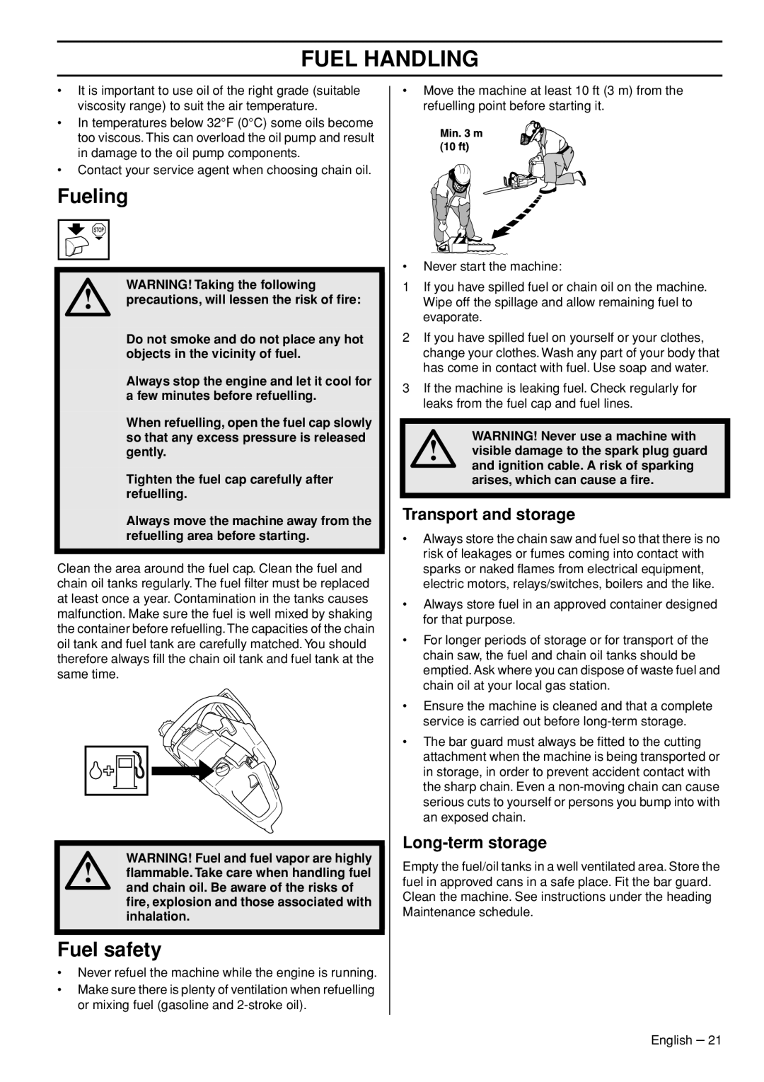 Husqvarna 1150902-95 manual Fueling, Fuel safety, Transport and storage, Long-term storage 