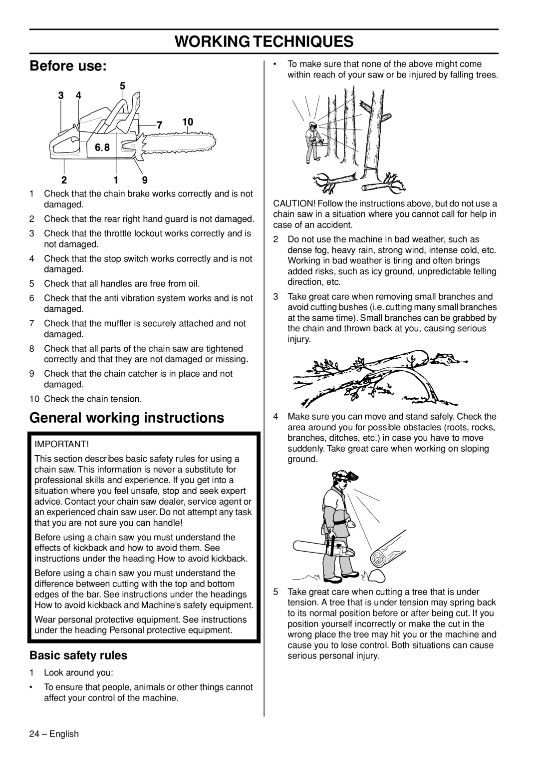 Husqvarna 1150902-95 manual Working Techniques, Before use, General working instructions, Basic safety rules 