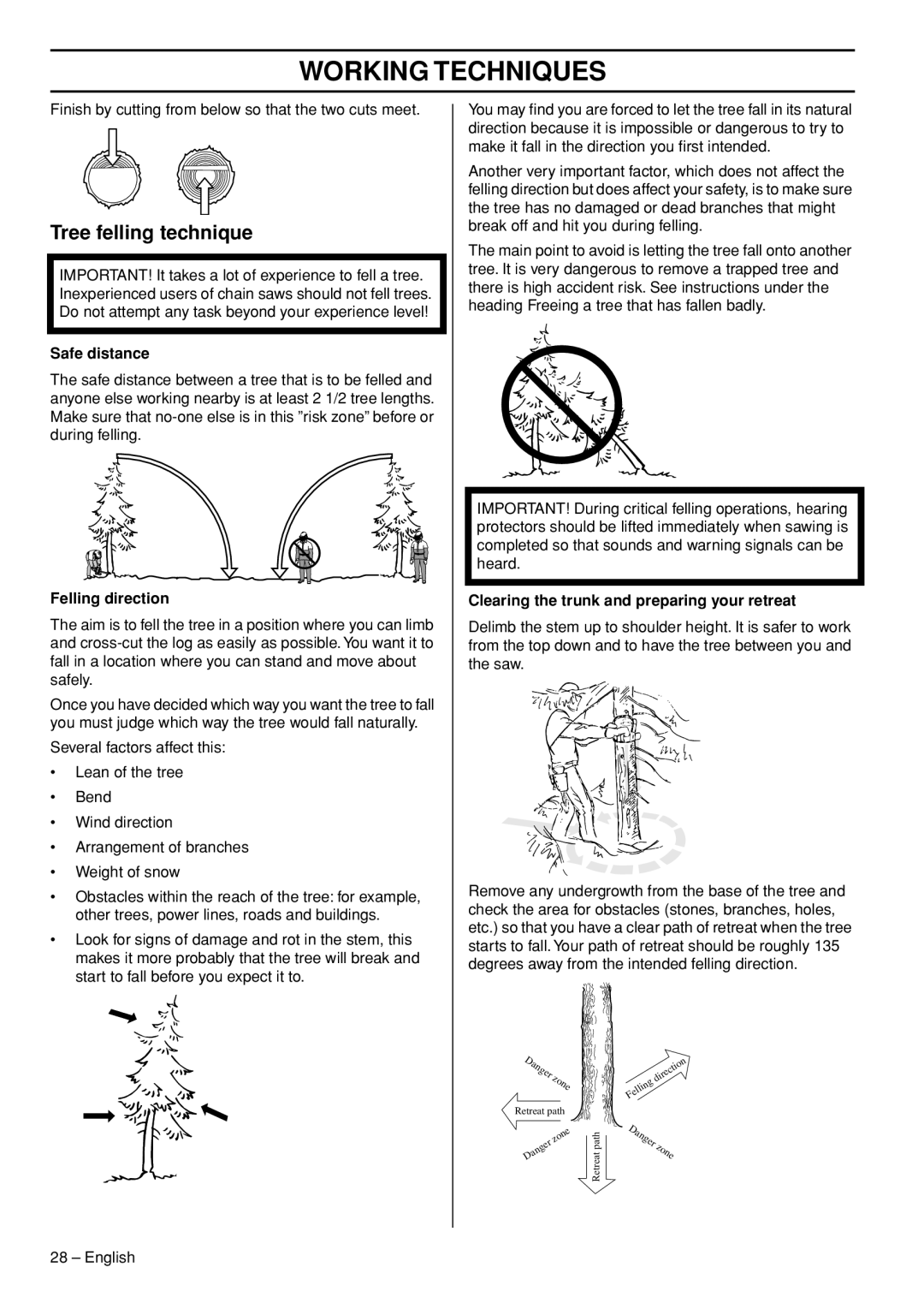 Husqvarna 1150902-95 manual Tree felling technique, Safe distance, Felling direction 