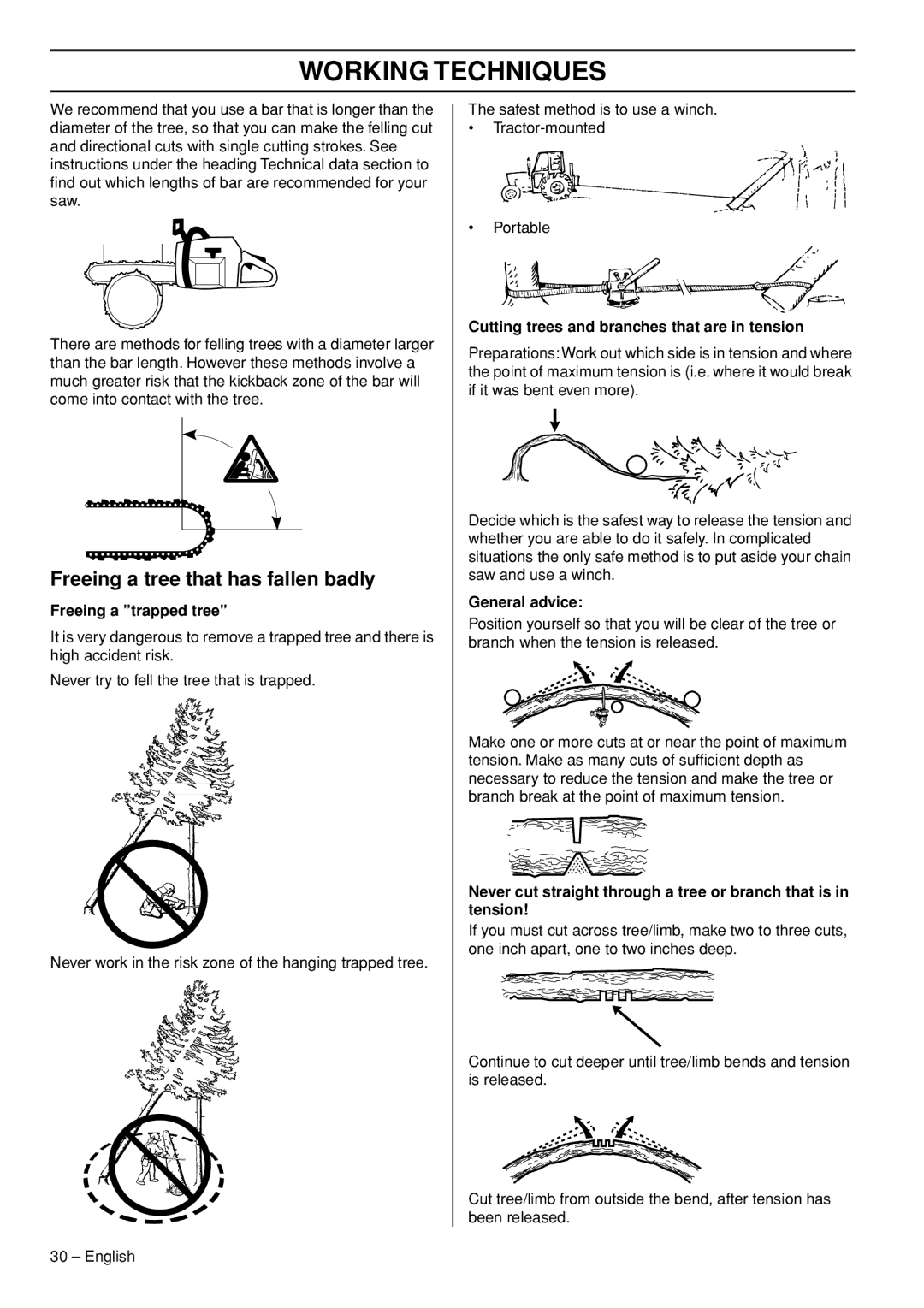 Husqvarna 1150902-95 manual Freeing a tree that has fallen badly, Freeing a trapped tree, General advice 