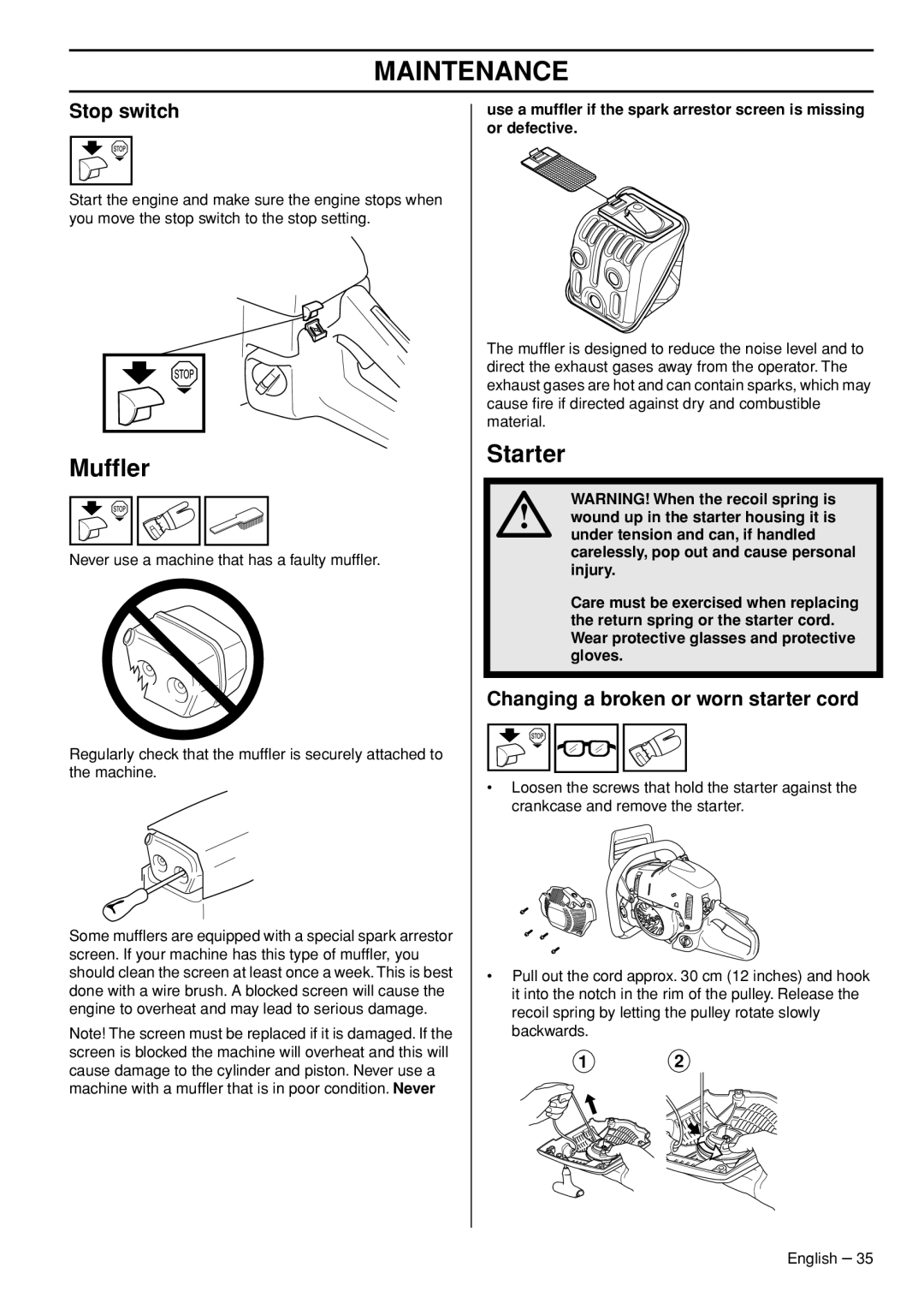 Husqvarna 1150902-95 manual Mufﬂer, Starter, Changing a broken or worn starter cord 