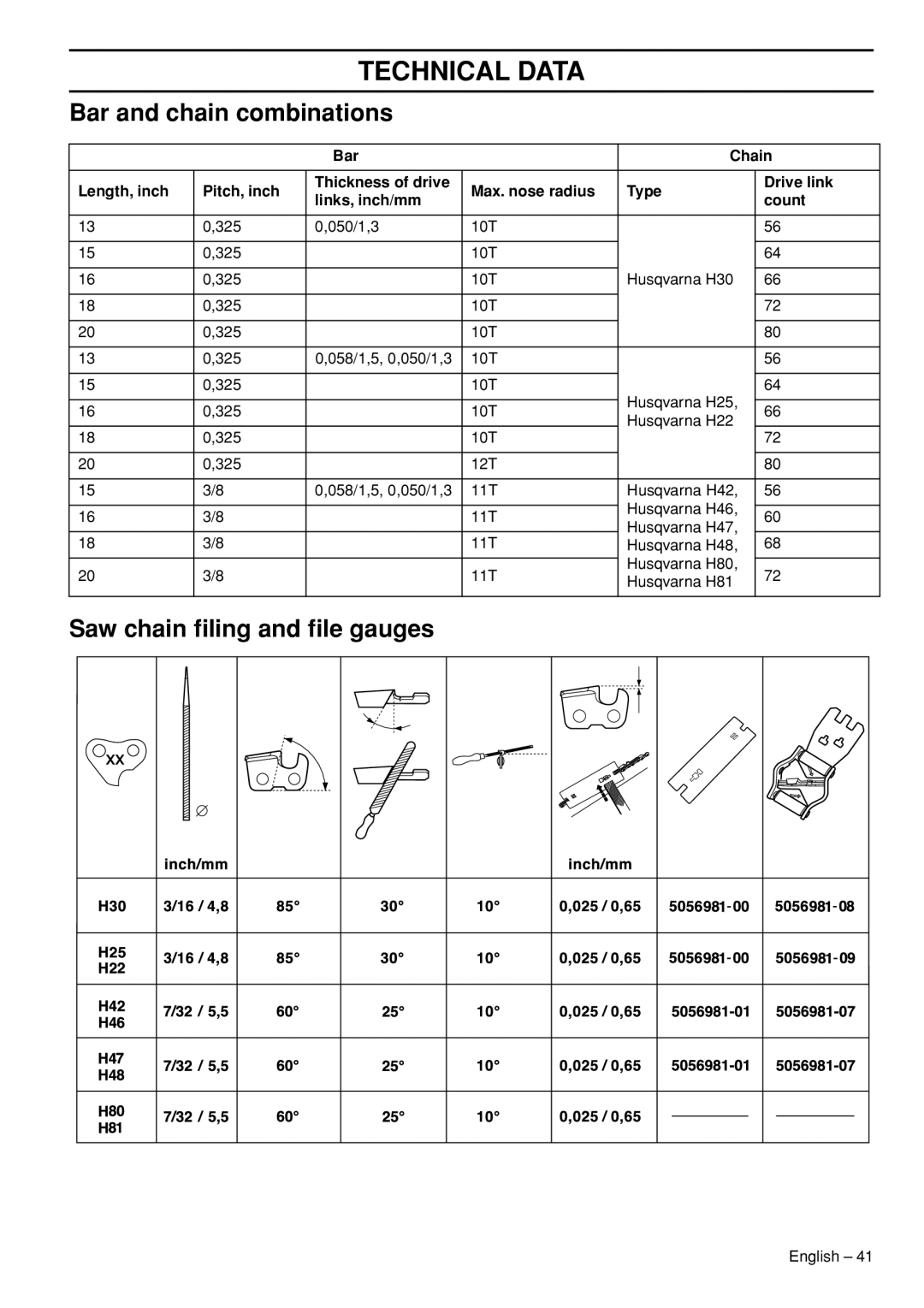 Husqvarna 1150902-95 manual Bar and chain combinations, Saw chain ﬁling and ﬁle gauges 