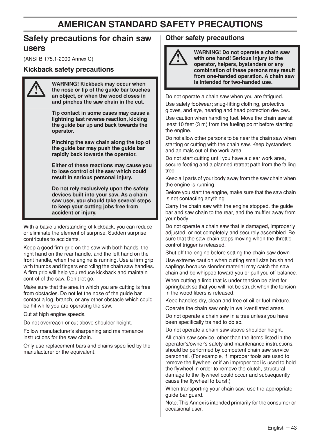 Husqvarna 1150902-95 manual American Standard Safety Precautions, Safety precautions for chain saw users 