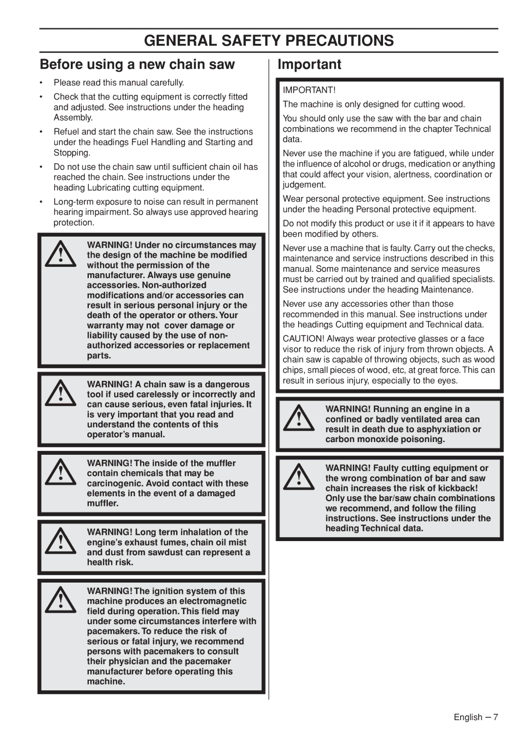 Husqvarna 1150902-95 manual General Safety Precautions, Before using a new chain saw 