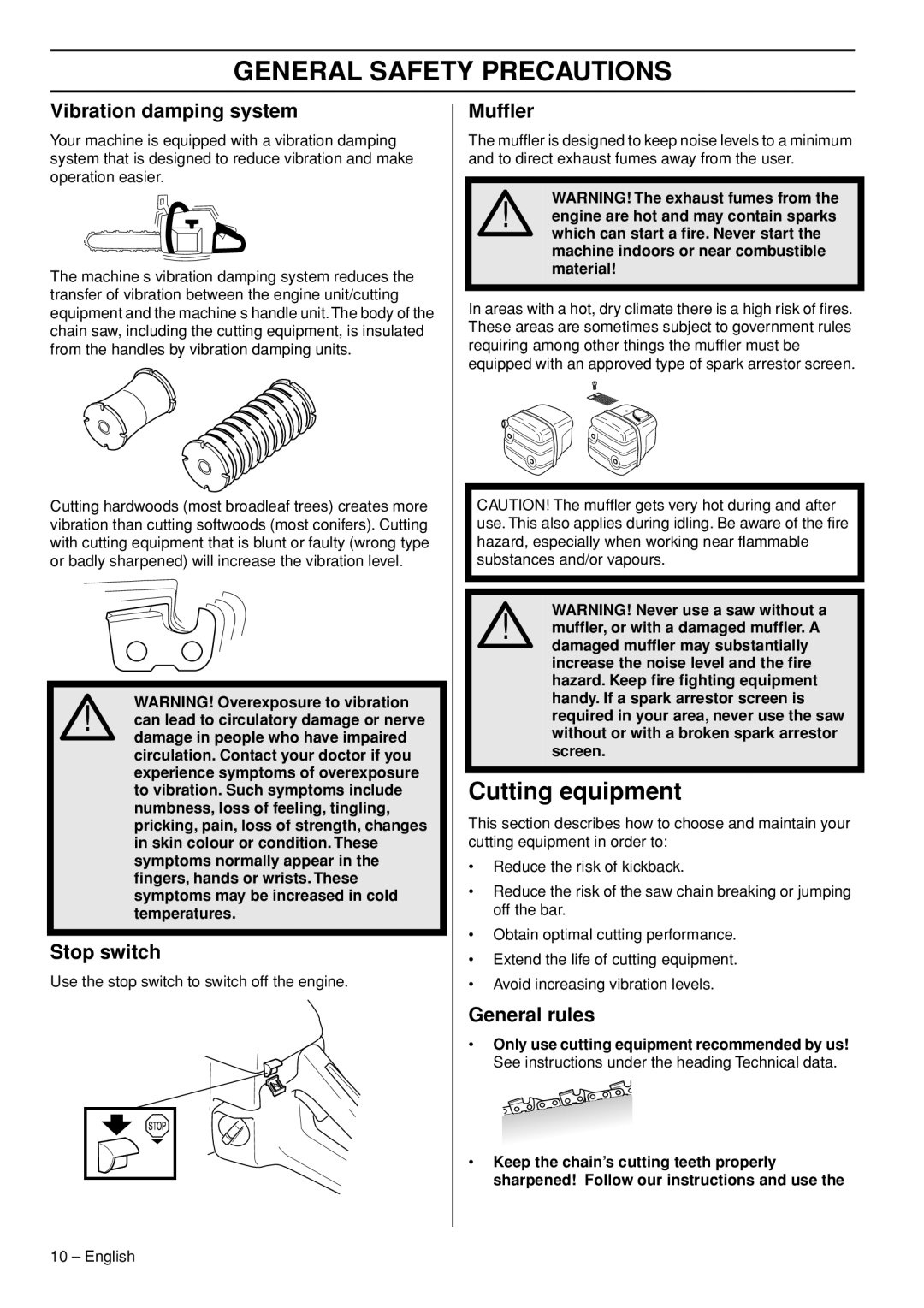 Husqvarna 1151002-95 manual Cutting equipment, Vibration damping system, Stop switch, Mufﬂer, General rules 