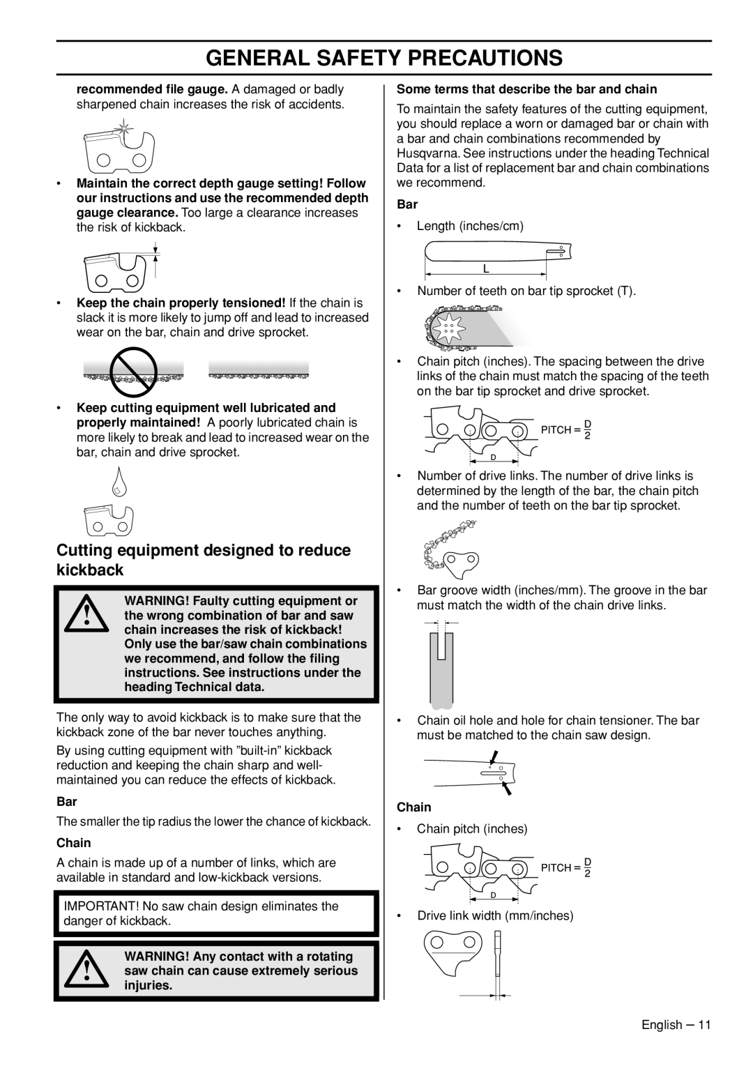 Husqvarna 1151002-95 manual Cutting equipment designed to reduce kickback, Bar, Chain 