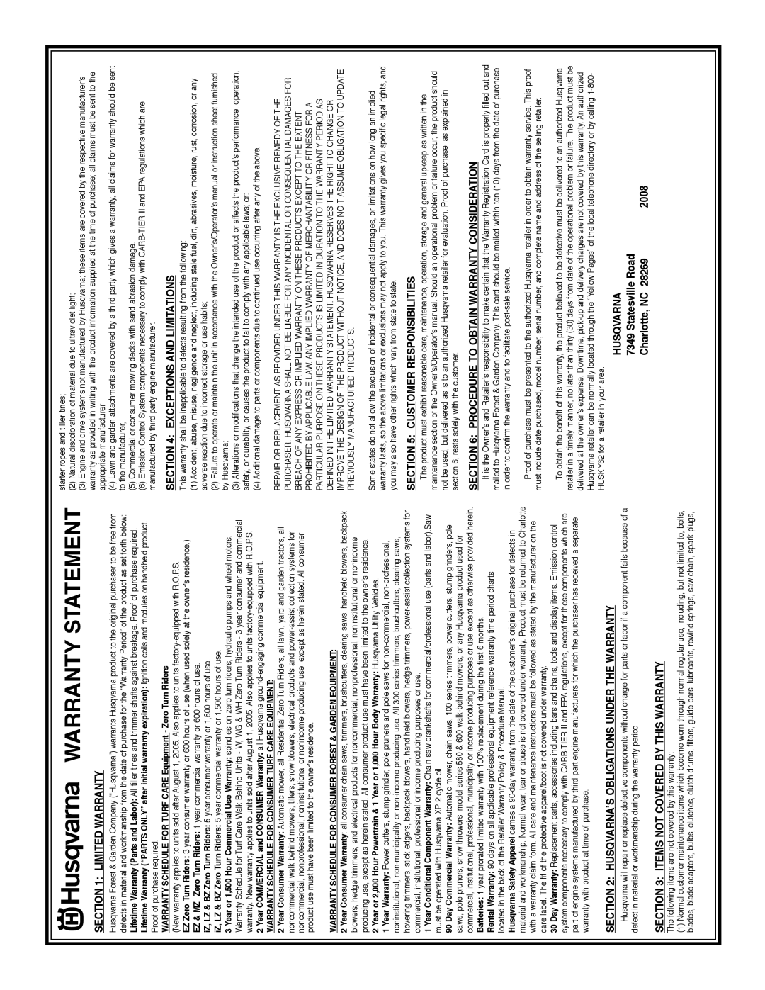 Husqvarna 1151002-95 manual Warranty Statement 