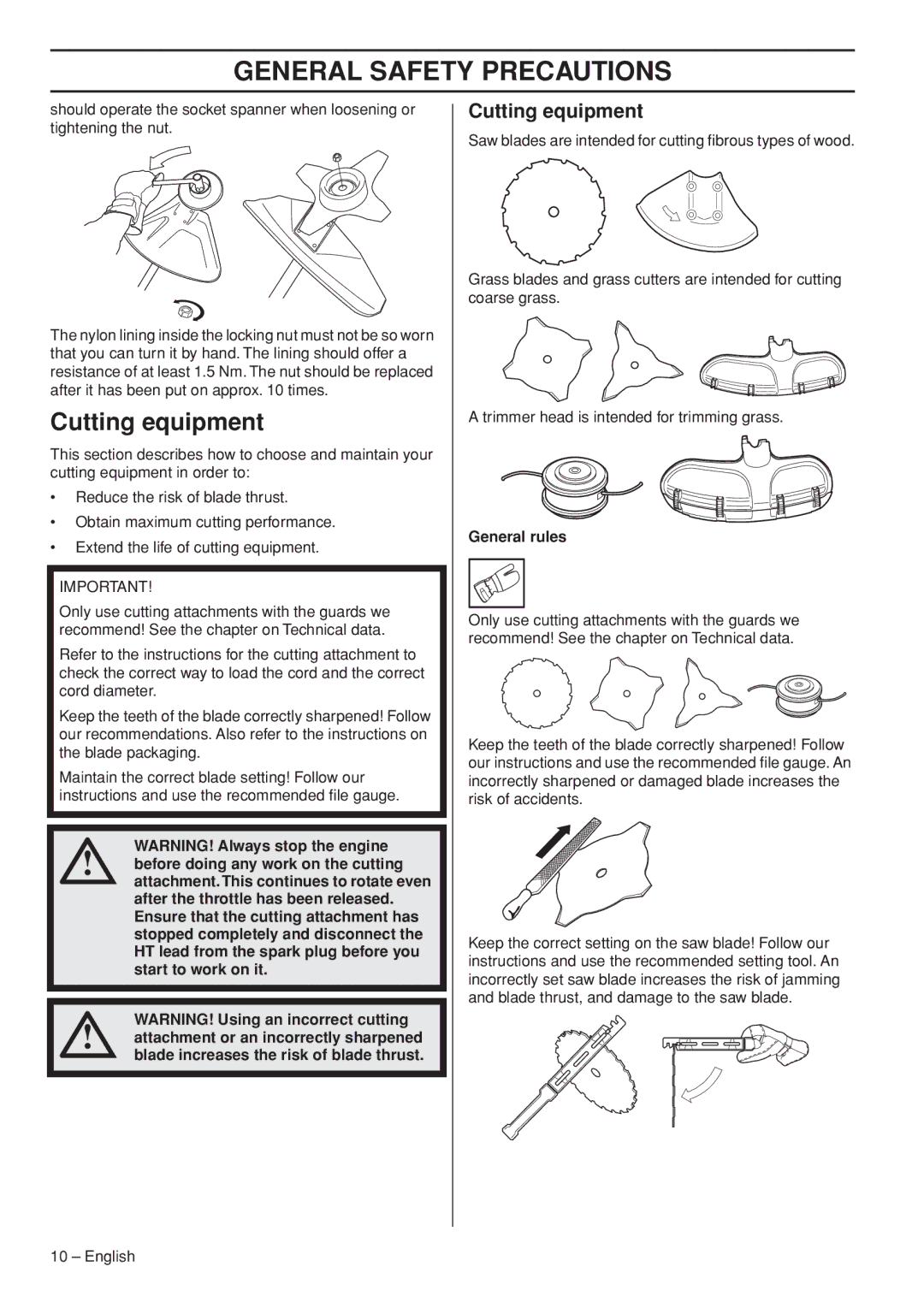 Husqvarna 1151187-95 manual Cutting equipment, General rules 