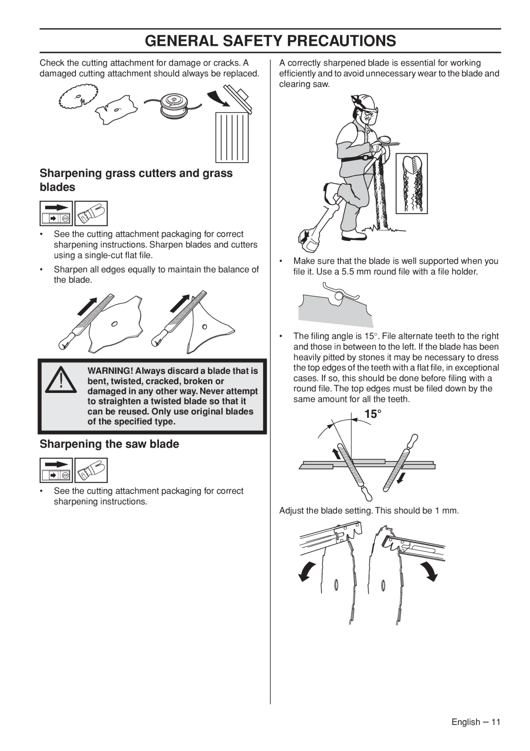 Husqvarna 1151187-95 manual Sharpening grass cutters and grass blades, Sharpening the saw blade 