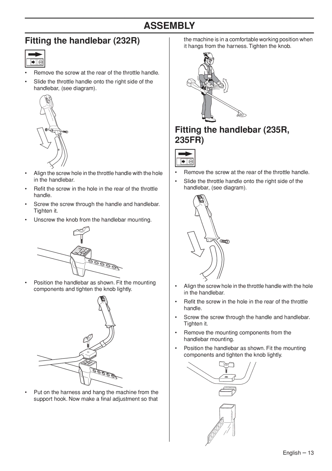 Husqvarna 1151187-95 manual Assembly, Fitting the handlebar 232R, Fitting the handlebar 235R, 235FR 