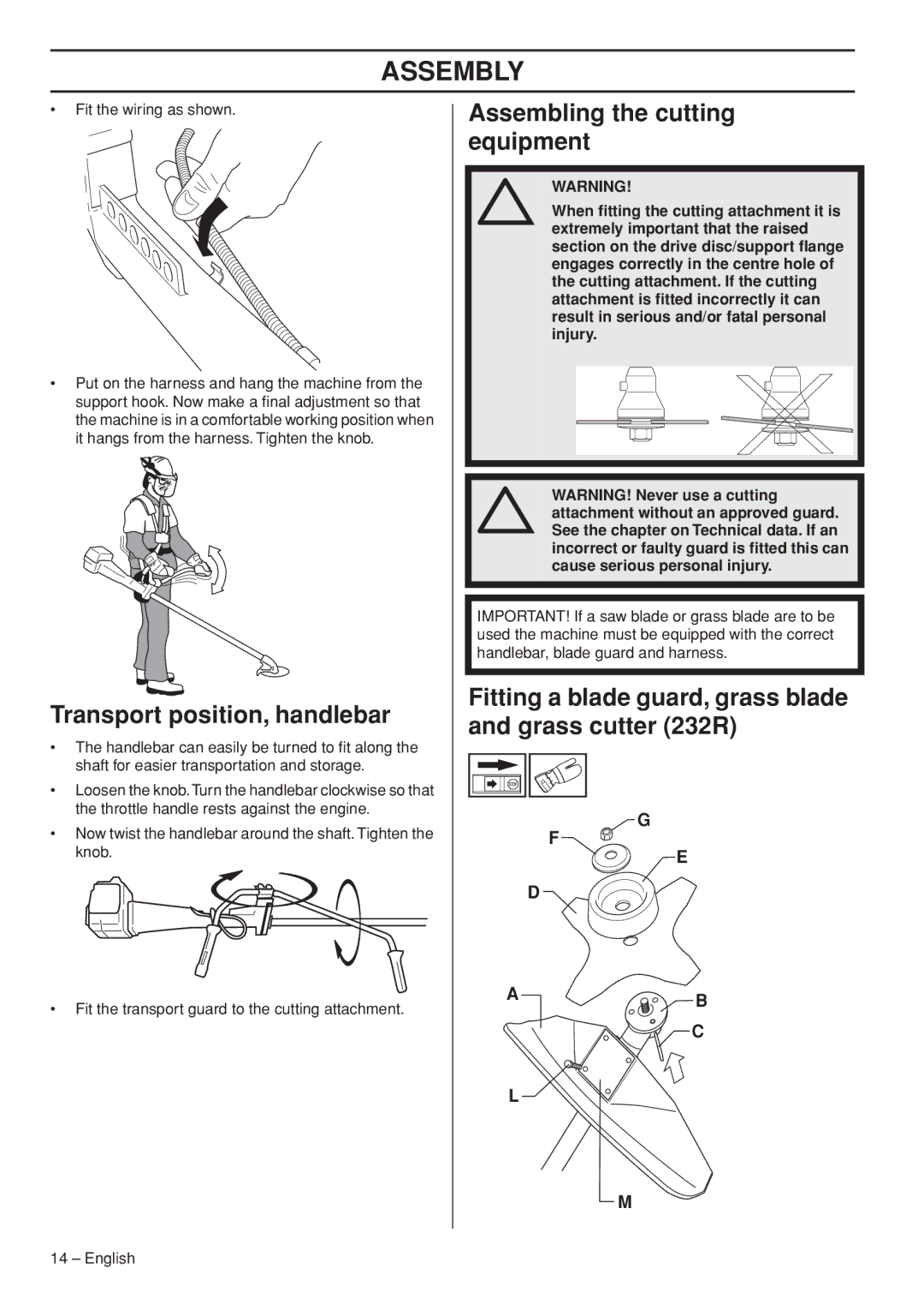 Husqvarna 1151187-95 manual Transport position, handlebar, Assembling the cutting equipment 