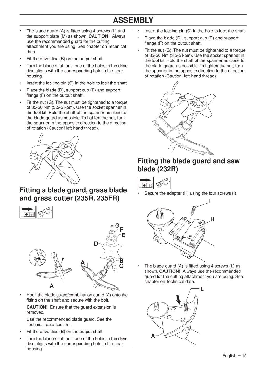 Husqvarna 1151187-95 manual Fitting the blade guard and saw blade 232R 