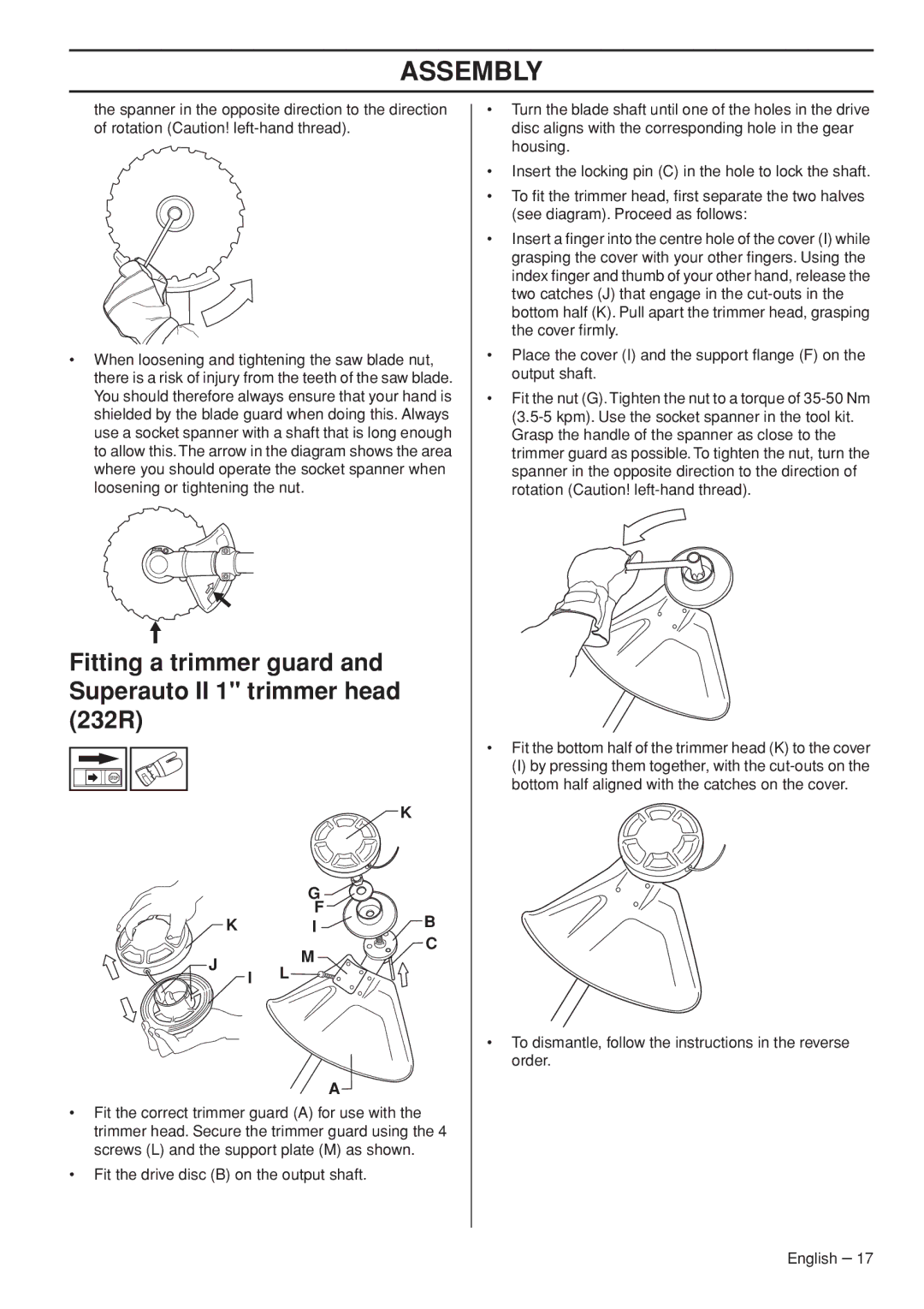 Husqvarna 1151187-95 manual Fitting a trimmer guard and Superauto II 1 trimmer head 232R 