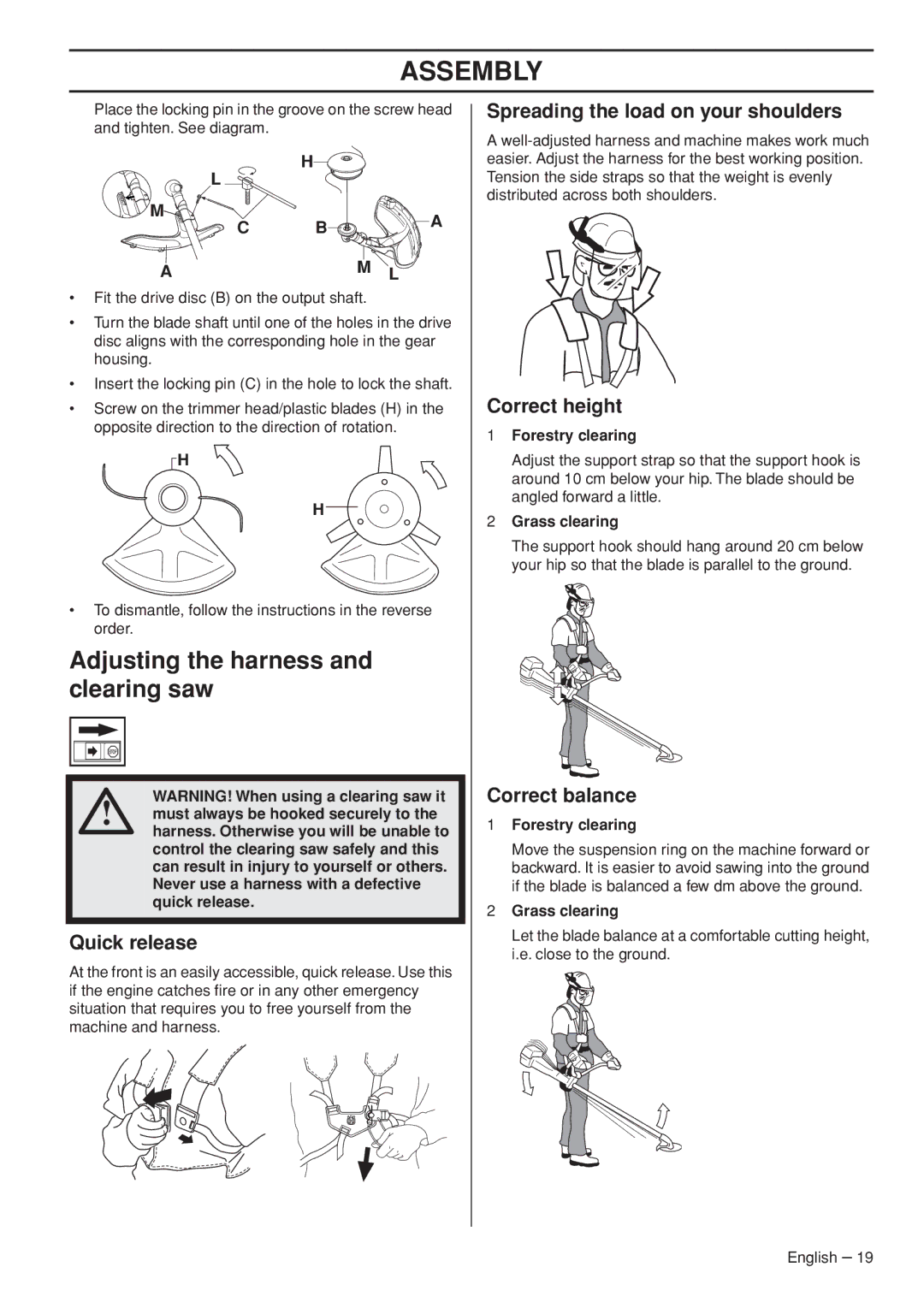 Husqvarna 1151187-95 manual Adjusting the harness and clearing saw, Spreading the load on your shoulders, Correct height 